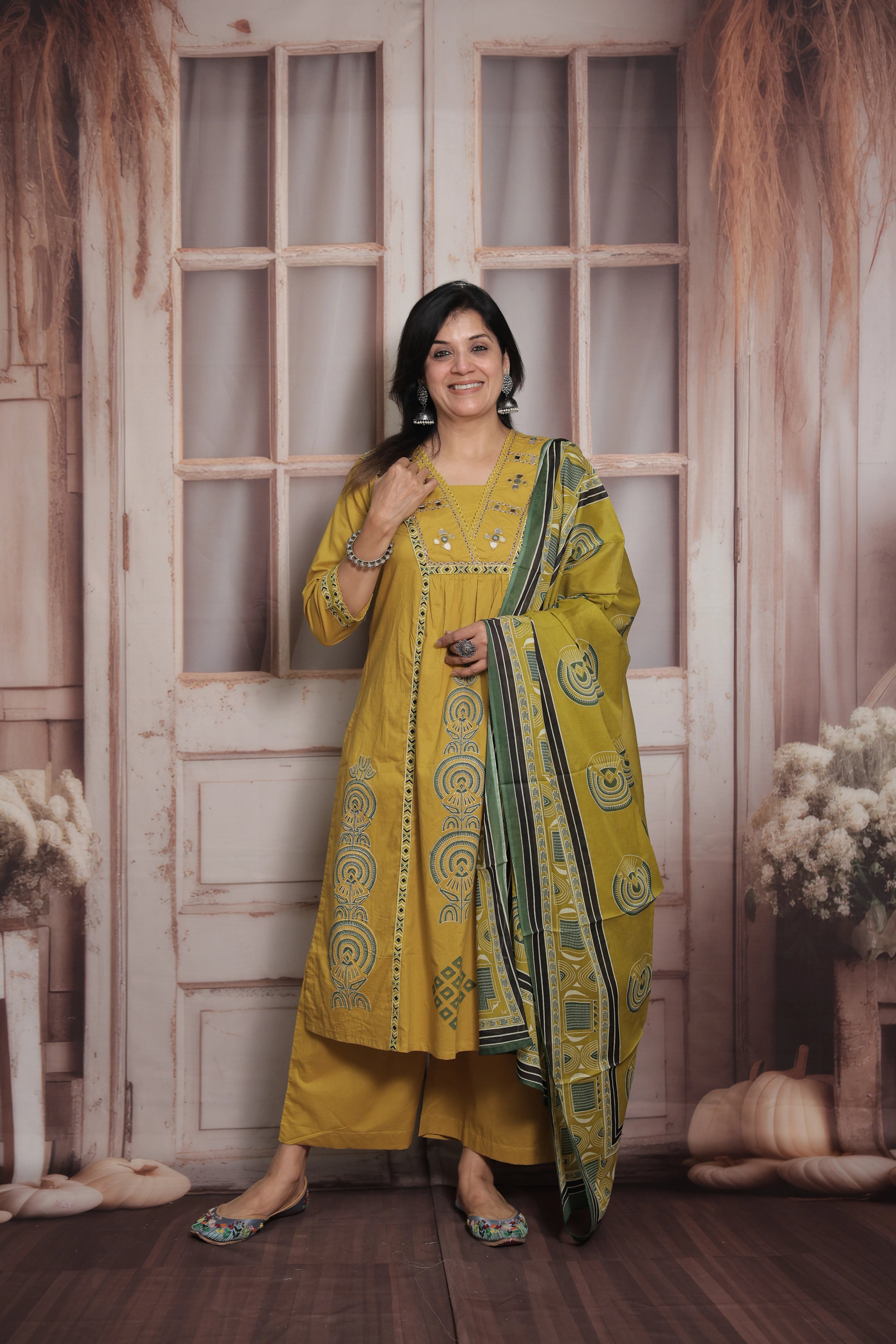 Metallic Gold Kurti Pant with Printed Dupatta | Mirror & Pearl Embroidery Soft Cotton Suit