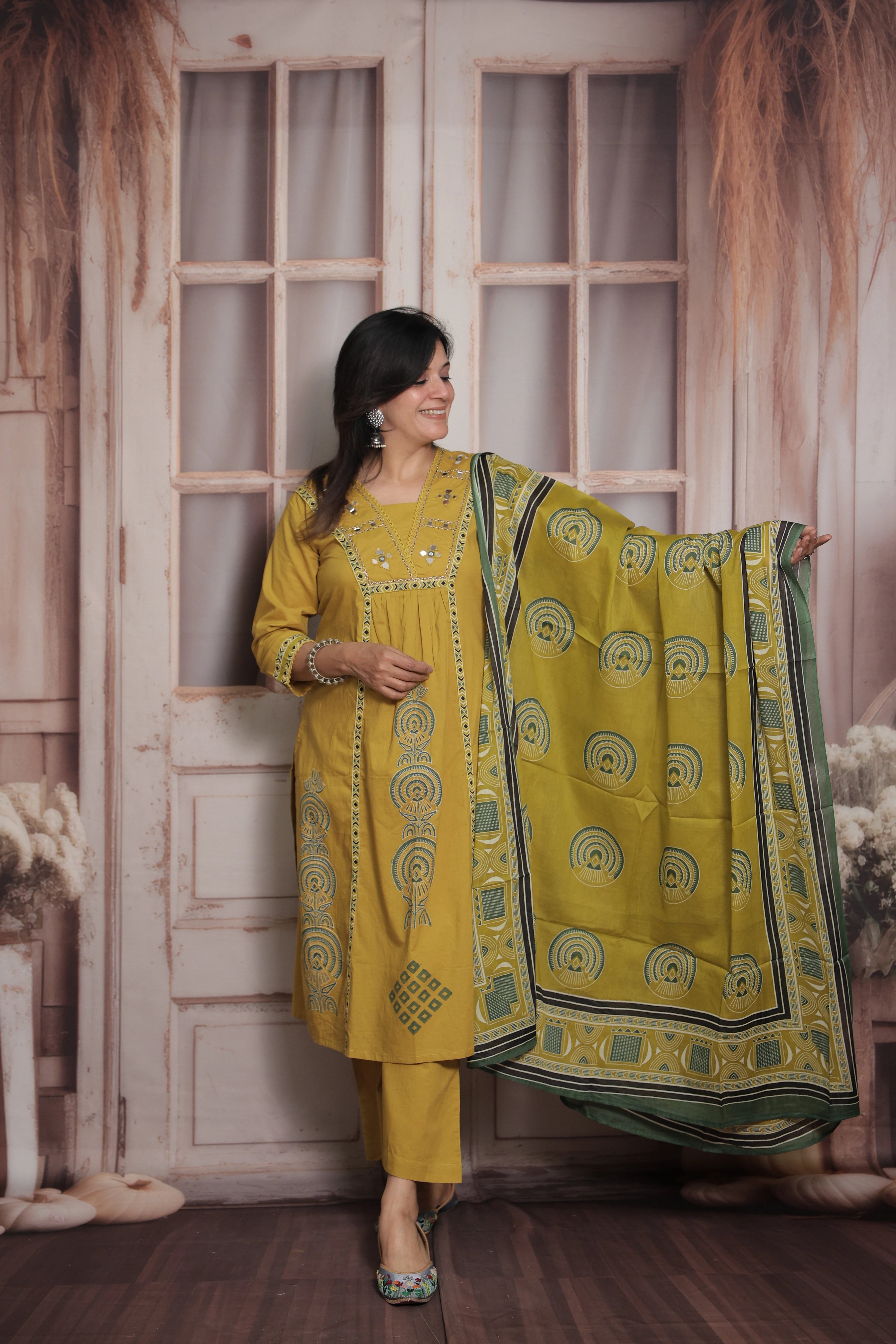 Metallic Gold Kurti Pant with Printed Dupatta | Mirror & Pearl Embroidery Soft Cotton Suit