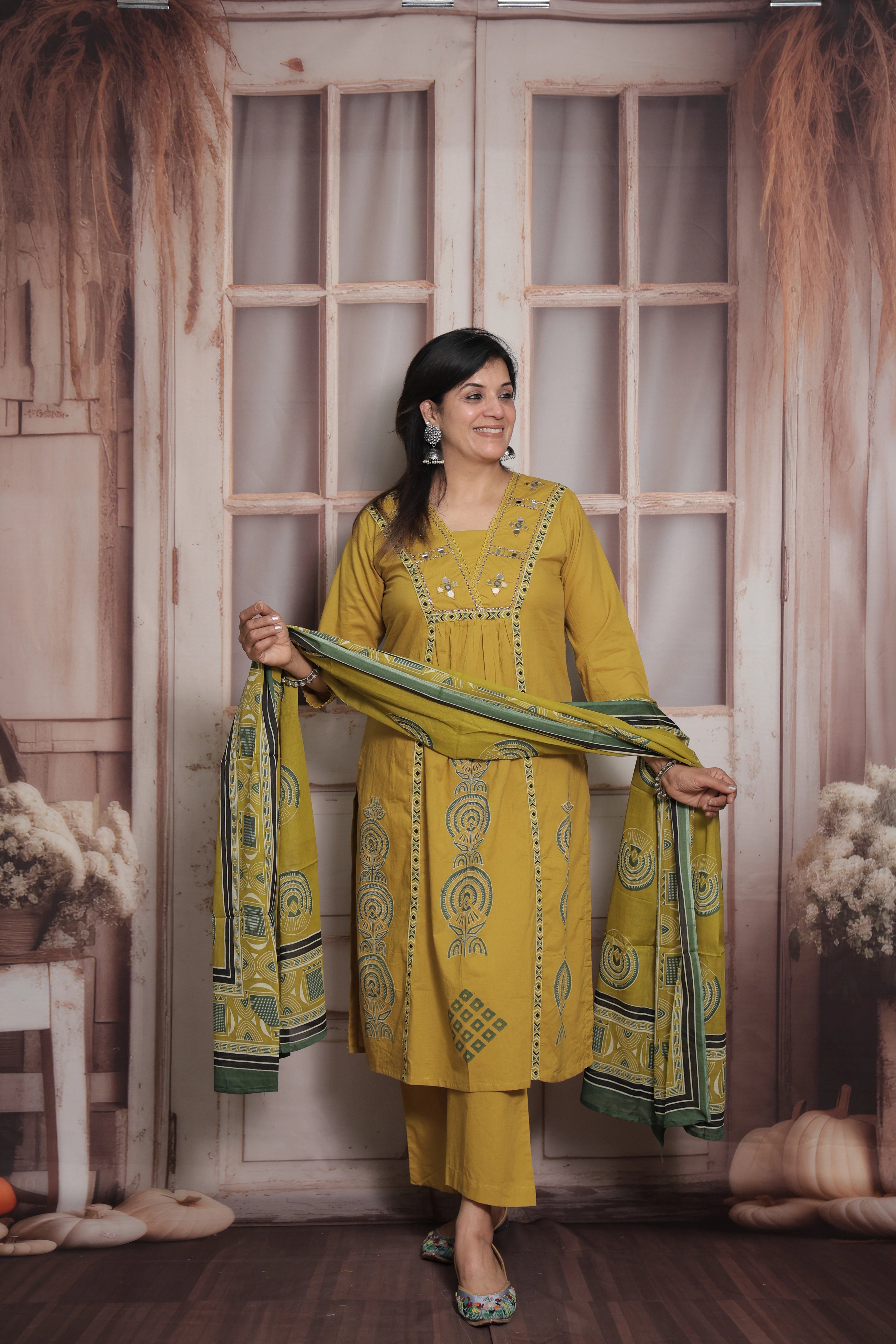 Metallic Gold Kurti Pant with Printed Dupatta | Mirror & Pearl Embroidery Soft Cotton Suit
