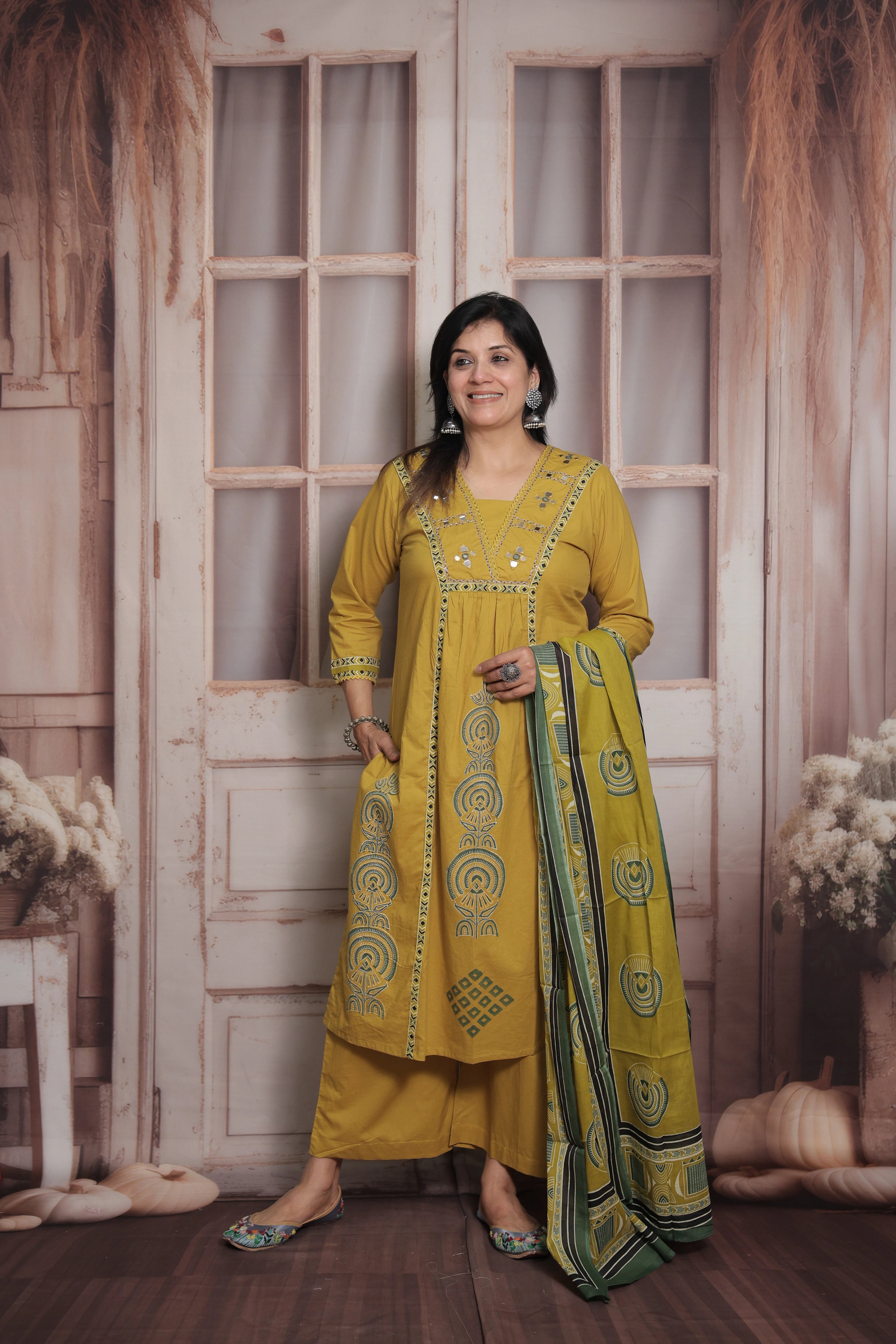Metallic Gold Kurti Pant with Printed Dupatta | Mirror & Pearl Embroidery Soft Cotton Suit