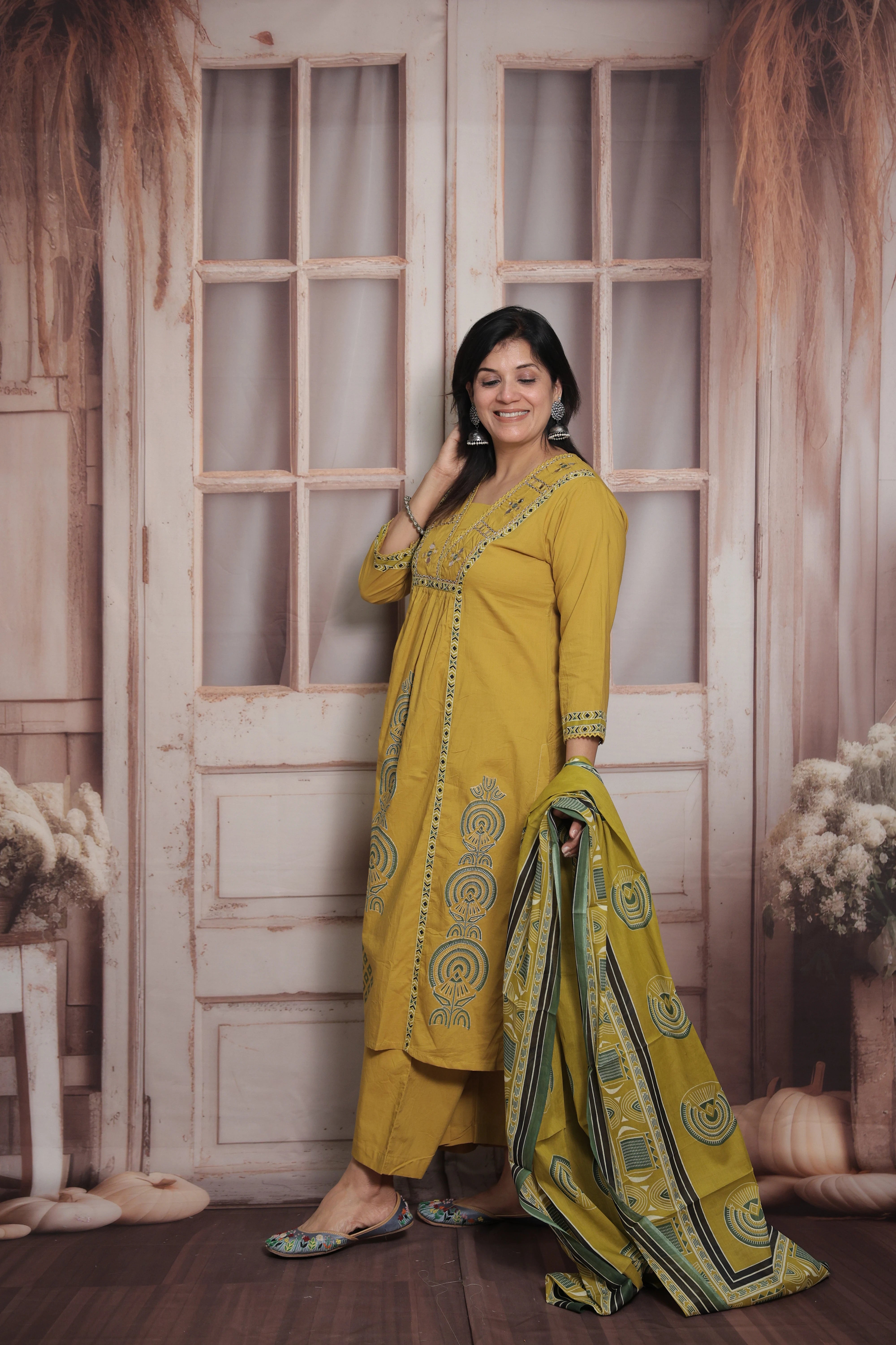 Metallic Gold Kurti Pant with Printed Dupatta | Mirror & Pearl Embroidery Soft Cotton Suit