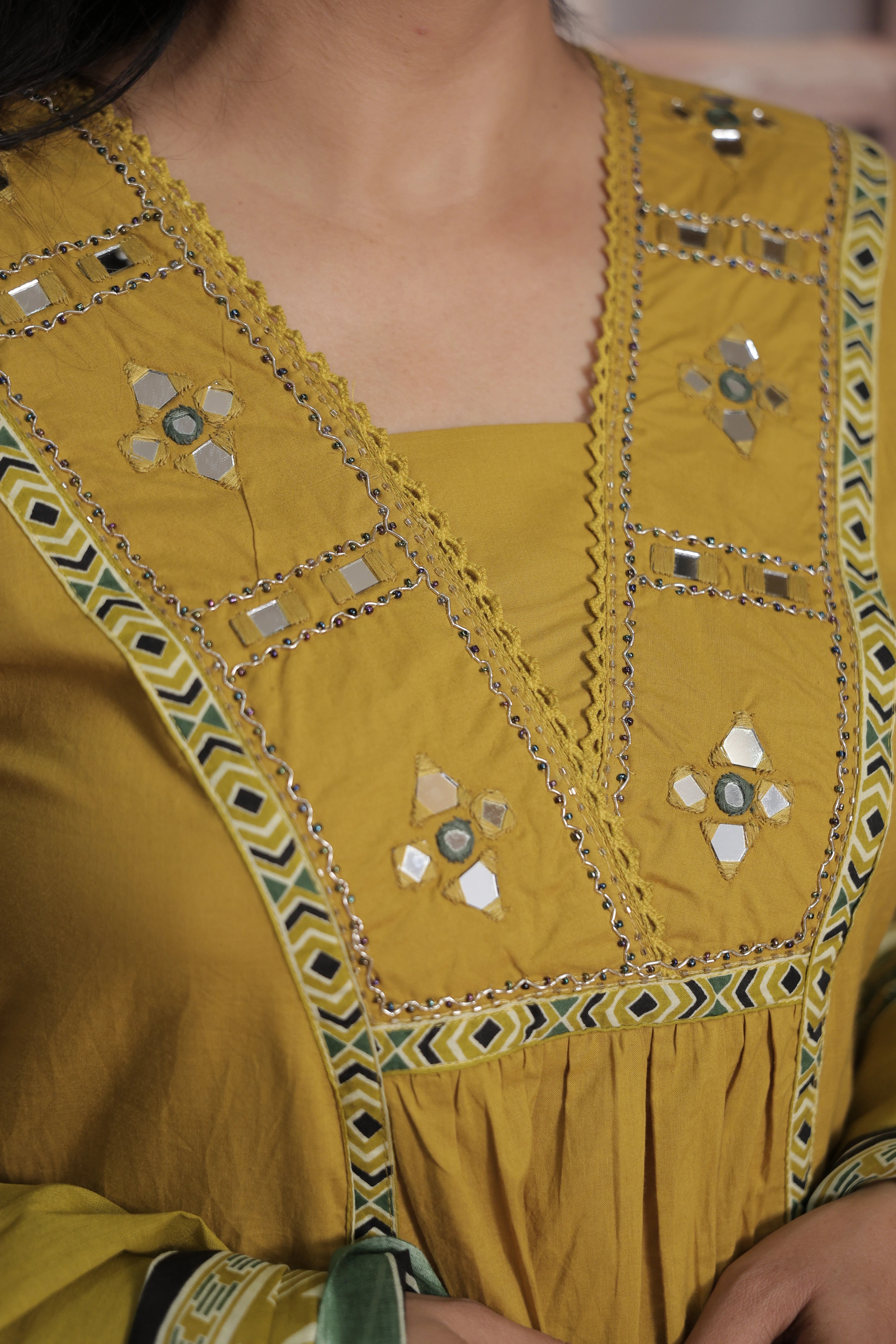 Metallic Gold Kurti Pant with Printed Dupatta | Mirror & Pearl Embroidery Soft Cotton Suit