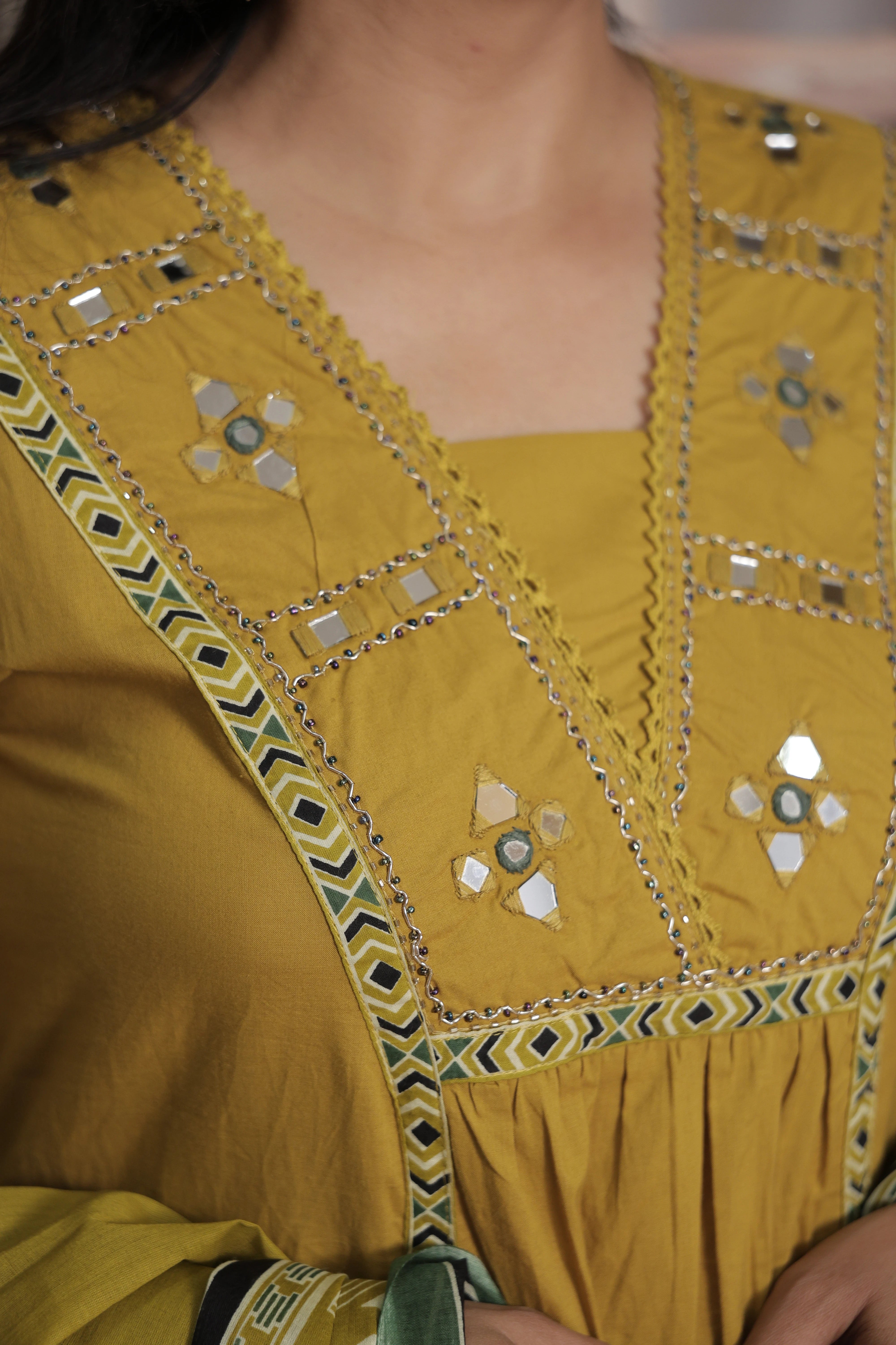 Metallic Gold Kurti Pant with Printed Dupatta | Mirror & Pearl Embroidery Soft Cotton Suit