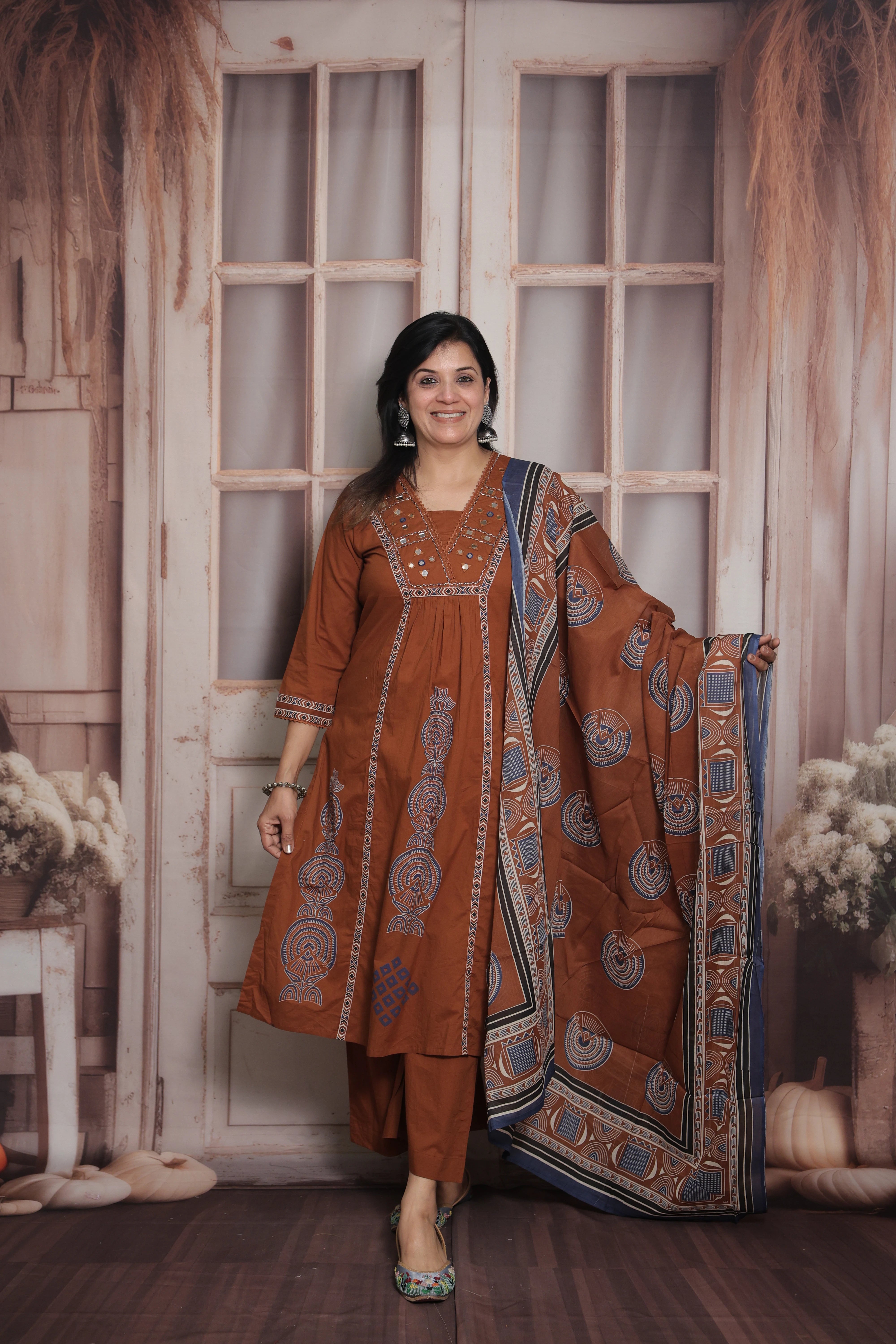 Dark Rust Kurti Pant with Printed Dupatta | Mirror & Pearl Embroidery Soft Cotton Suit