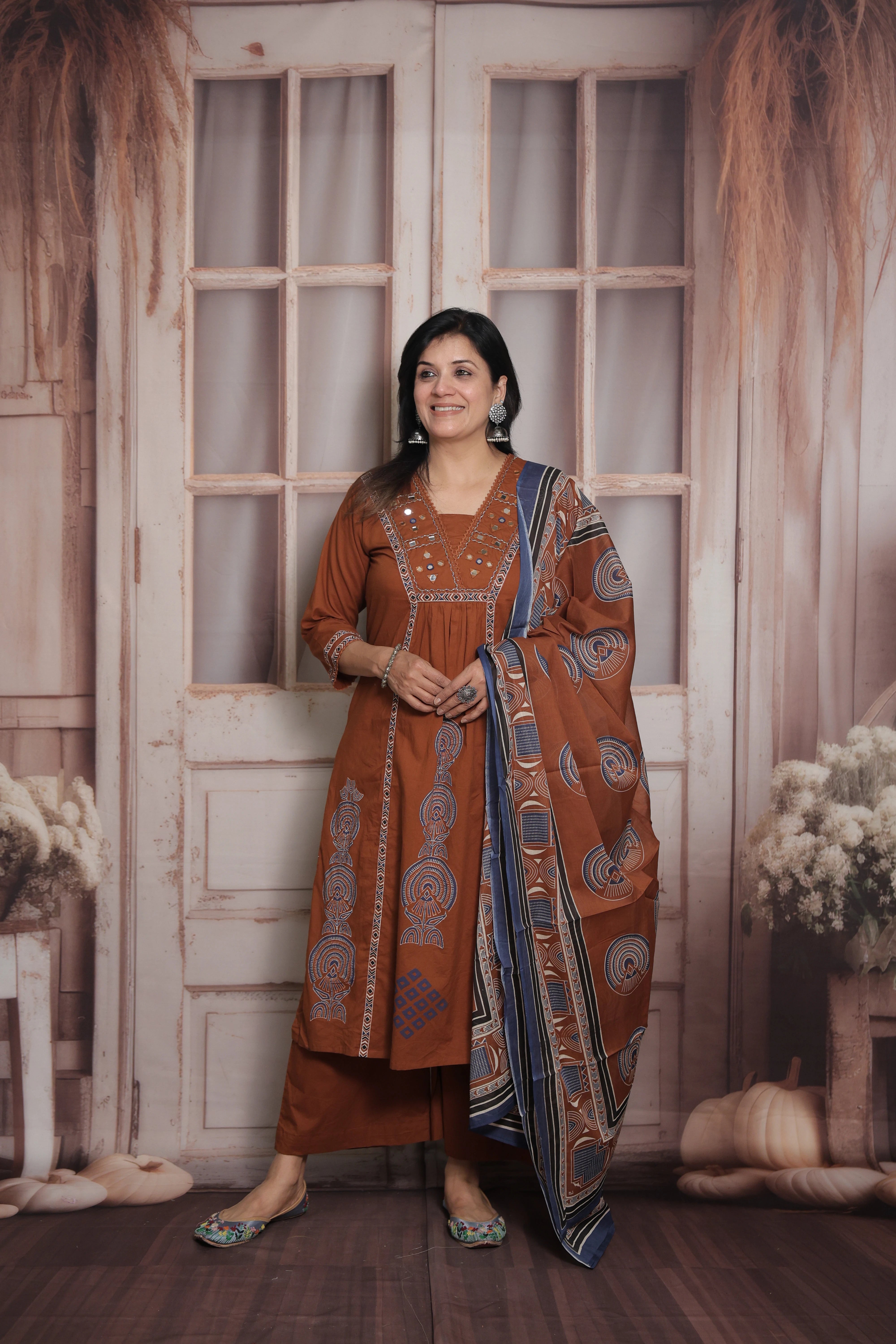 Dark Rust Kurti Pant with Printed Dupatta | Mirror & Pearl Embroidery Soft Cotton Suit