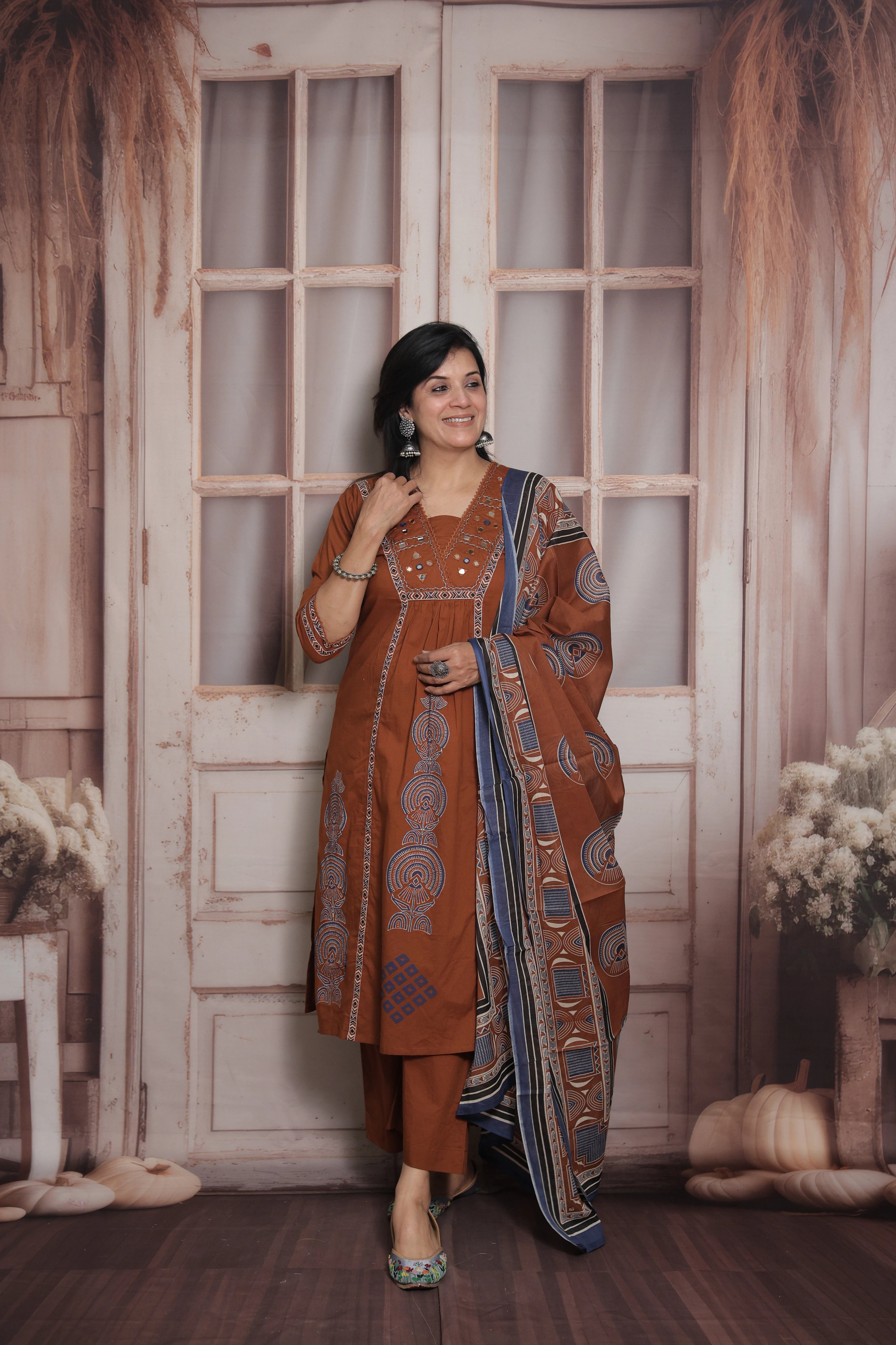 Dark Rust Kurti Pant with Printed Dupatta | Mirror & Pearl Embroidery Soft Cotton Suit