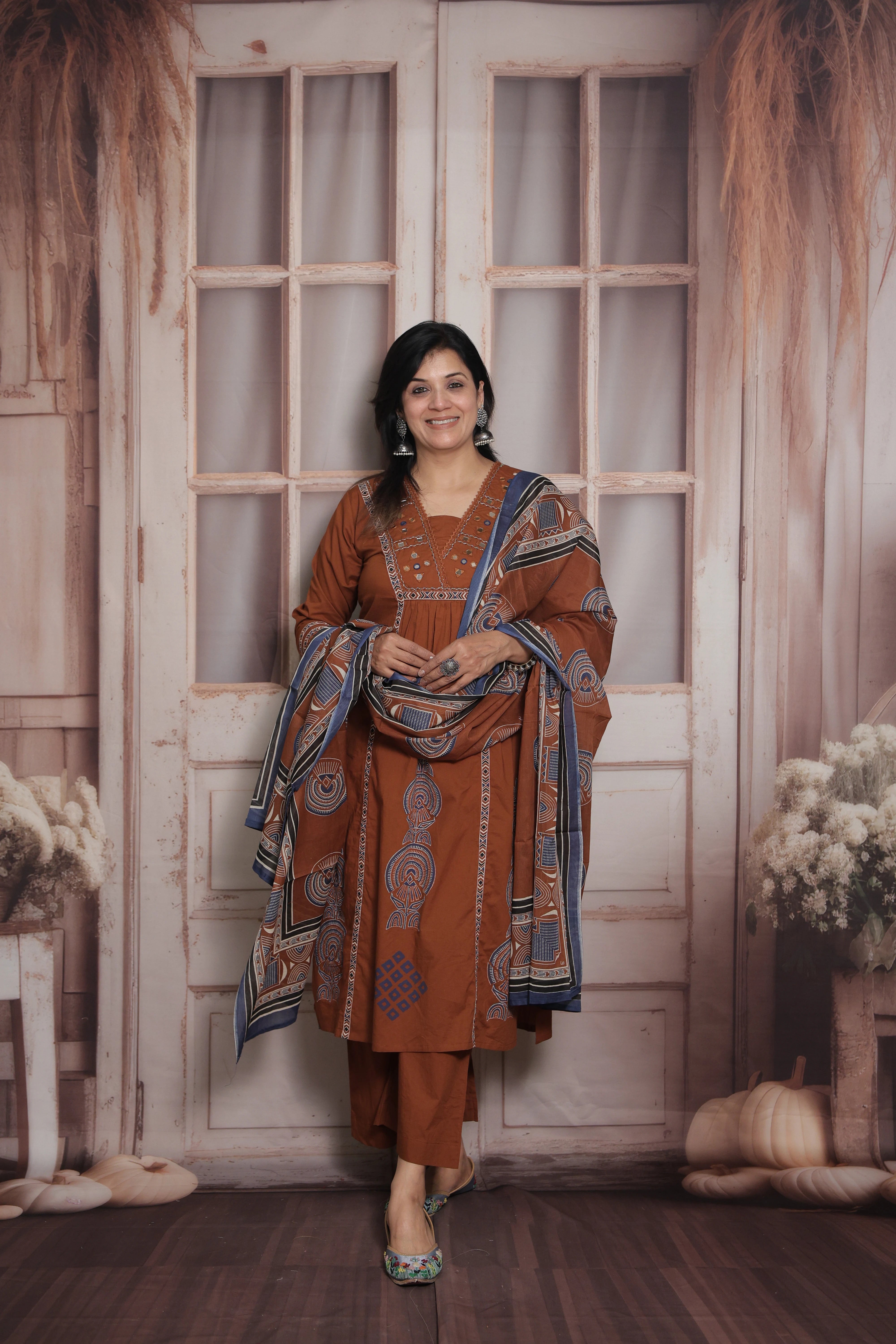 Dark Rust Kurti Pant with Printed Dupatta | Mirror & Pearl Embroidery Soft Cotton Suit