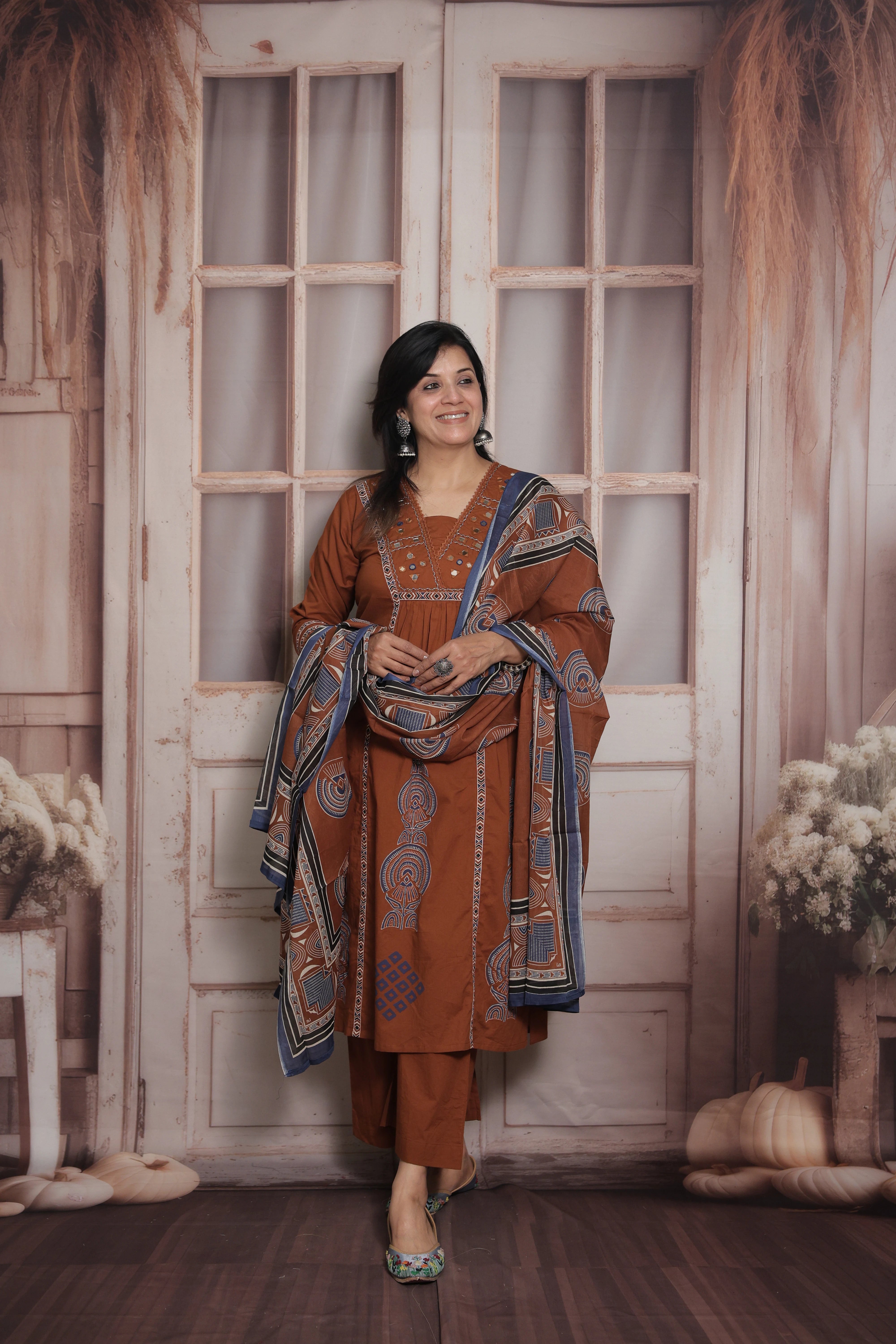 Dark Rust Kurti Pant with Printed Dupatta | Mirror & Pearl Embroidery Soft Cotton Suit
