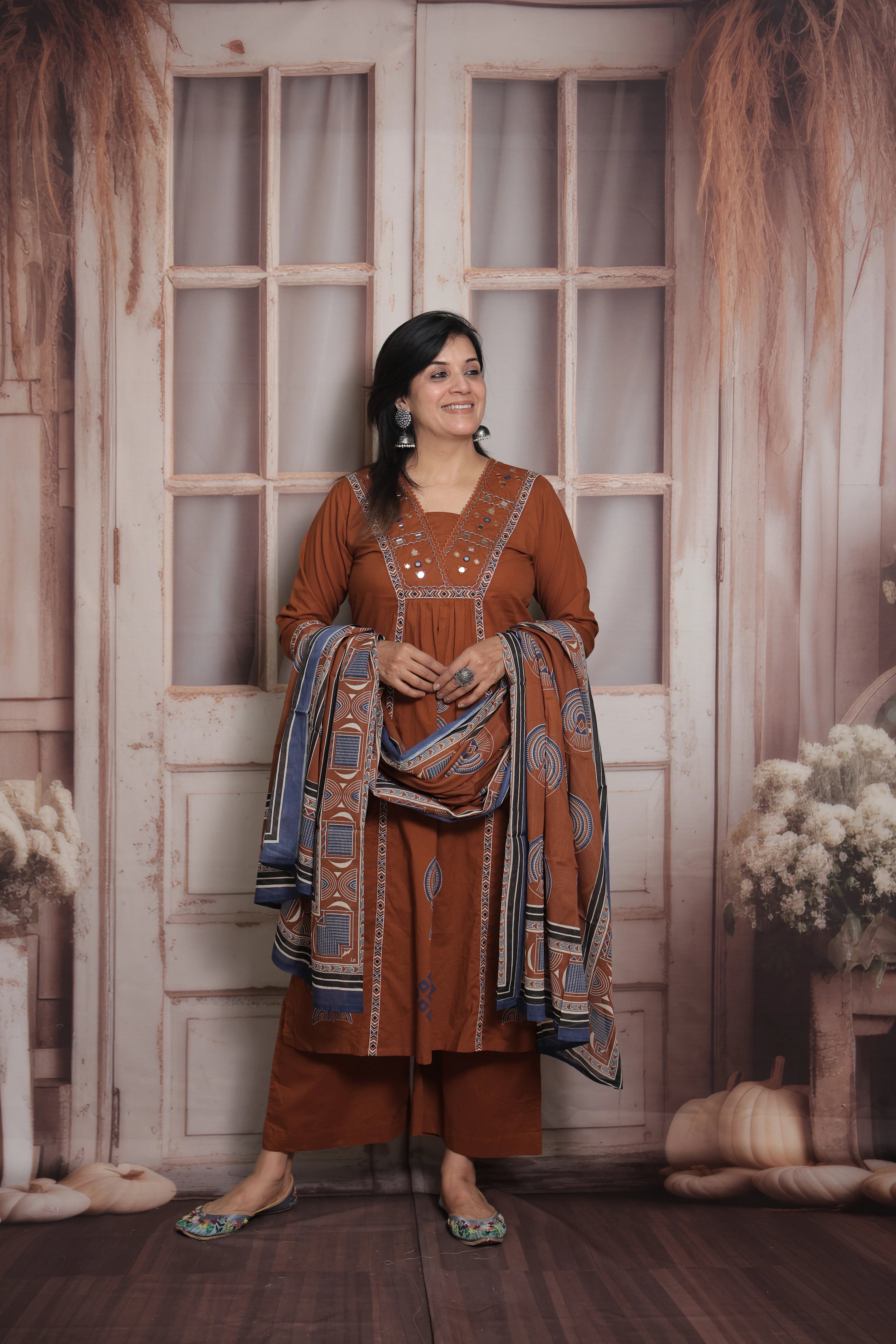 Dark Rust Kurti Pant with Printed Dupatta | Mirror & Pearl Embroidery Soft Cotton Suit