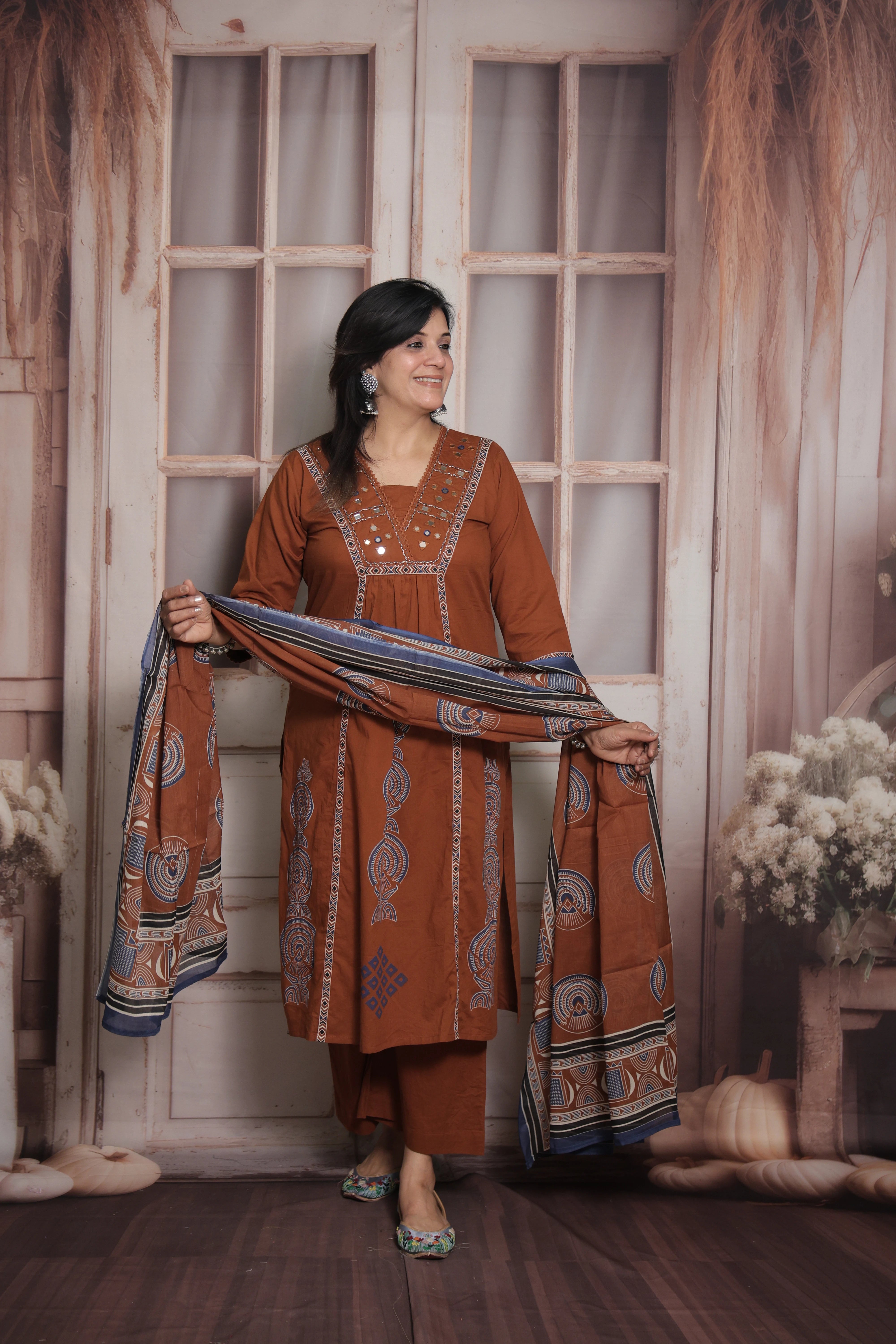 Dark Rust Kurti Pant with Printed Dupatta | Mirror & Pearl Embroidery Soft Cotton Suit