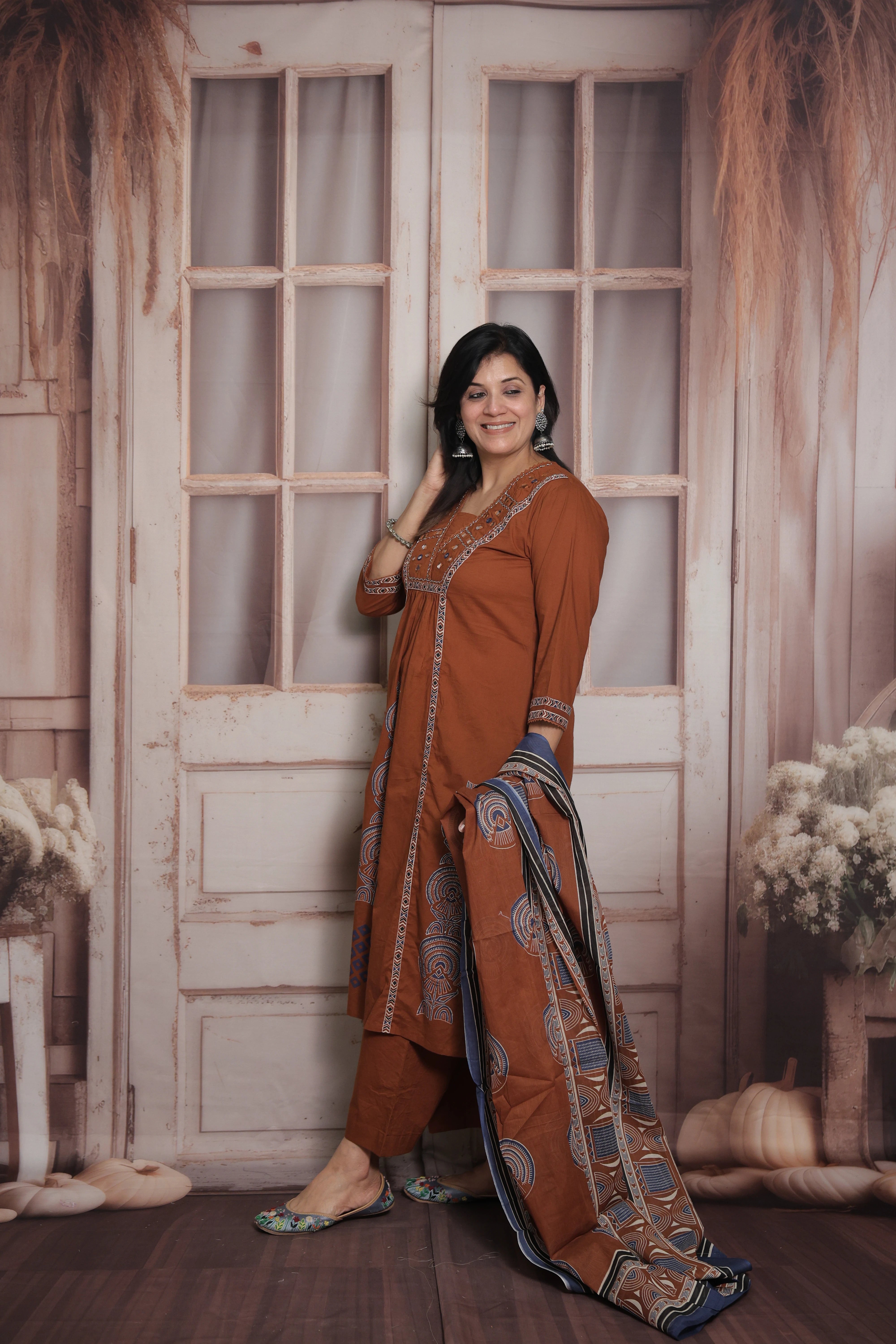 Dark Rust Kurti Pant with Printed Dupatta | Mirror & Pearl Embroidery Soft Cotton Suit