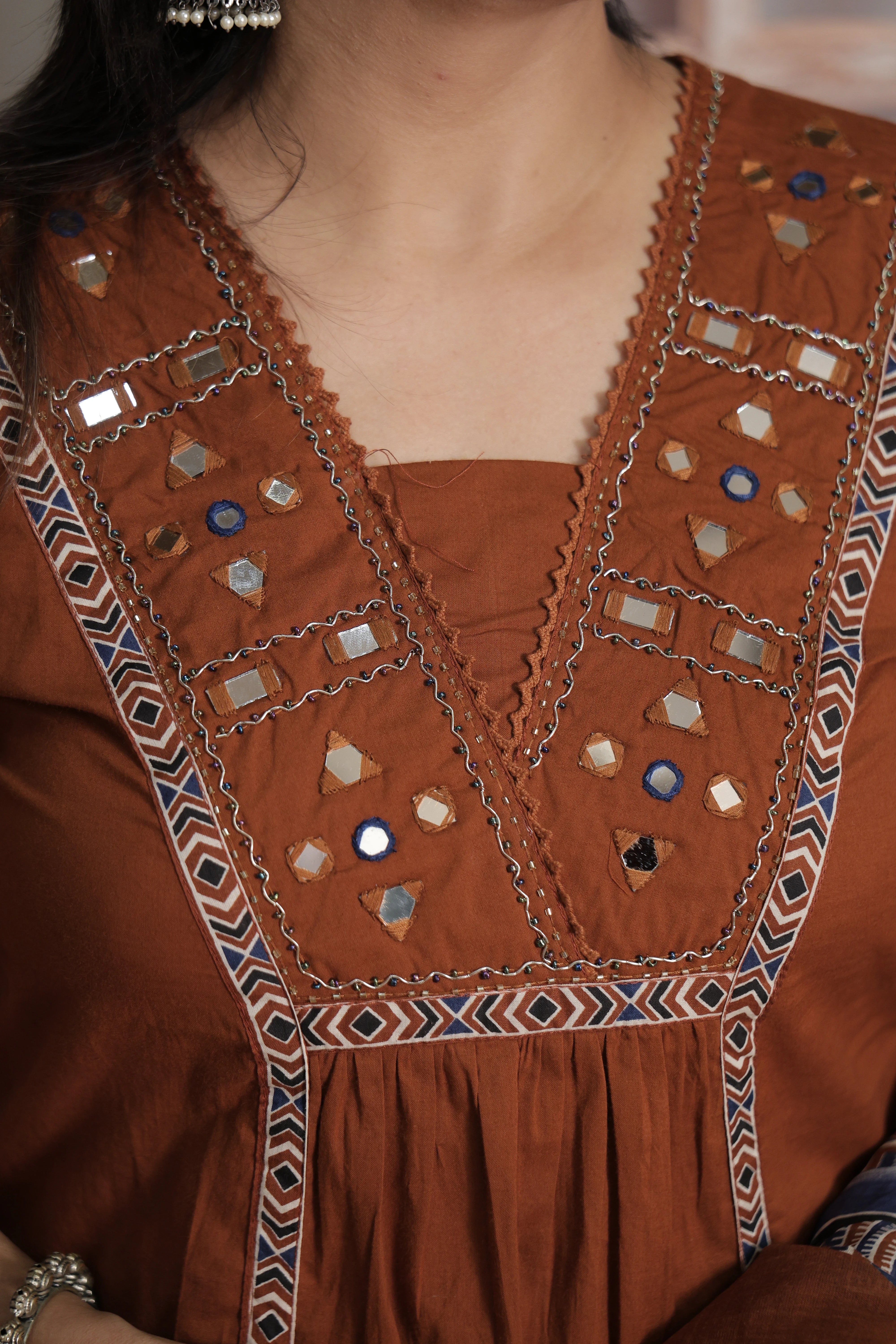 Dark Rust Kurti Pant with Printed Dupatta | Mirror & Pearl Embroidery Soft Cotton Suit
