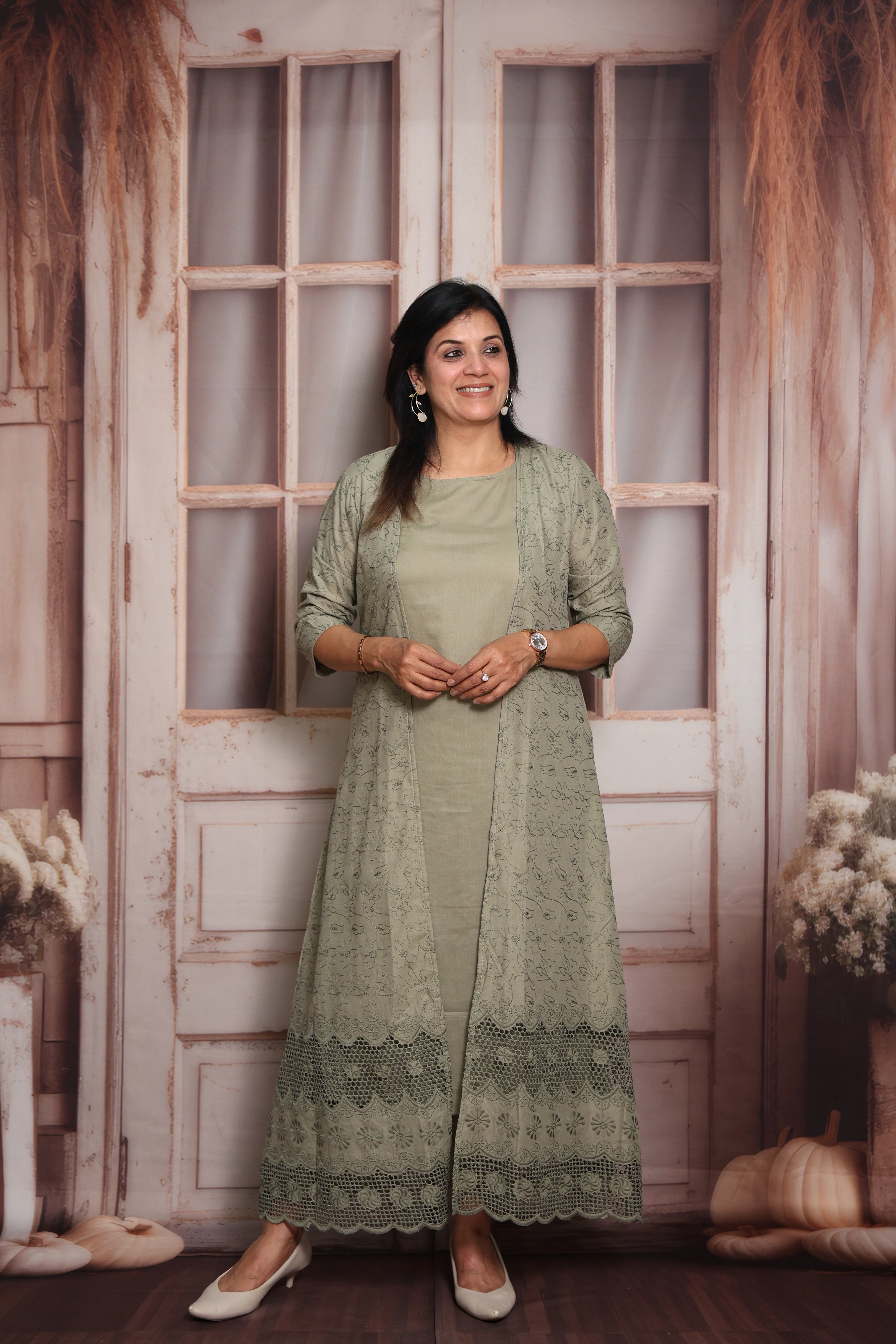 Raintree Green Kurti Pant Set with Chikankari Shrug | Cotton | Thread Embroidery