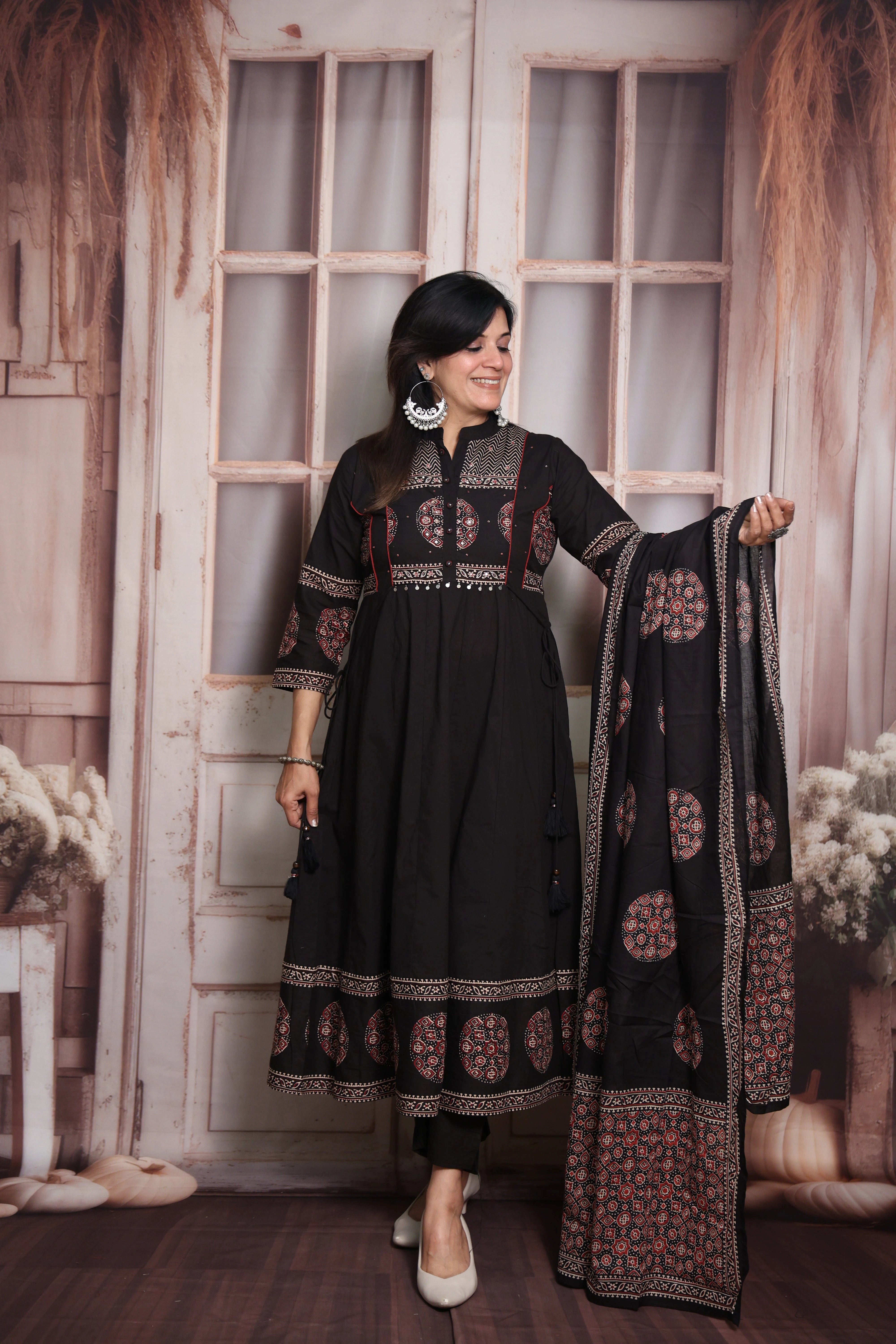 Black  Block Print Anarkali Dupatta Set | Soft Cotton | Pearl & Sequin Embroidery