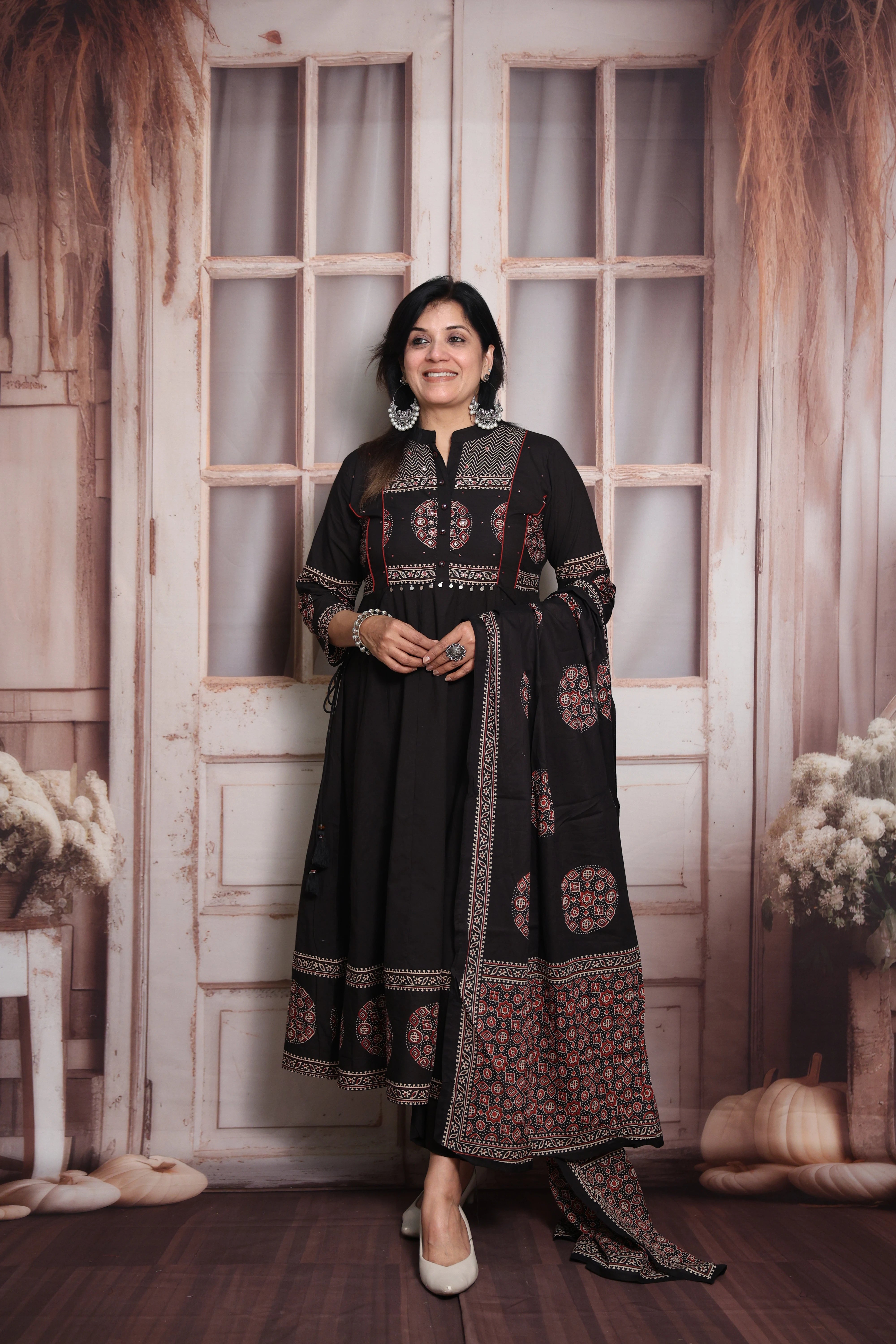 Black  Block Print Anarkali Dupatta Set | Soft Cotton | Pearl & Sequin Embroidery