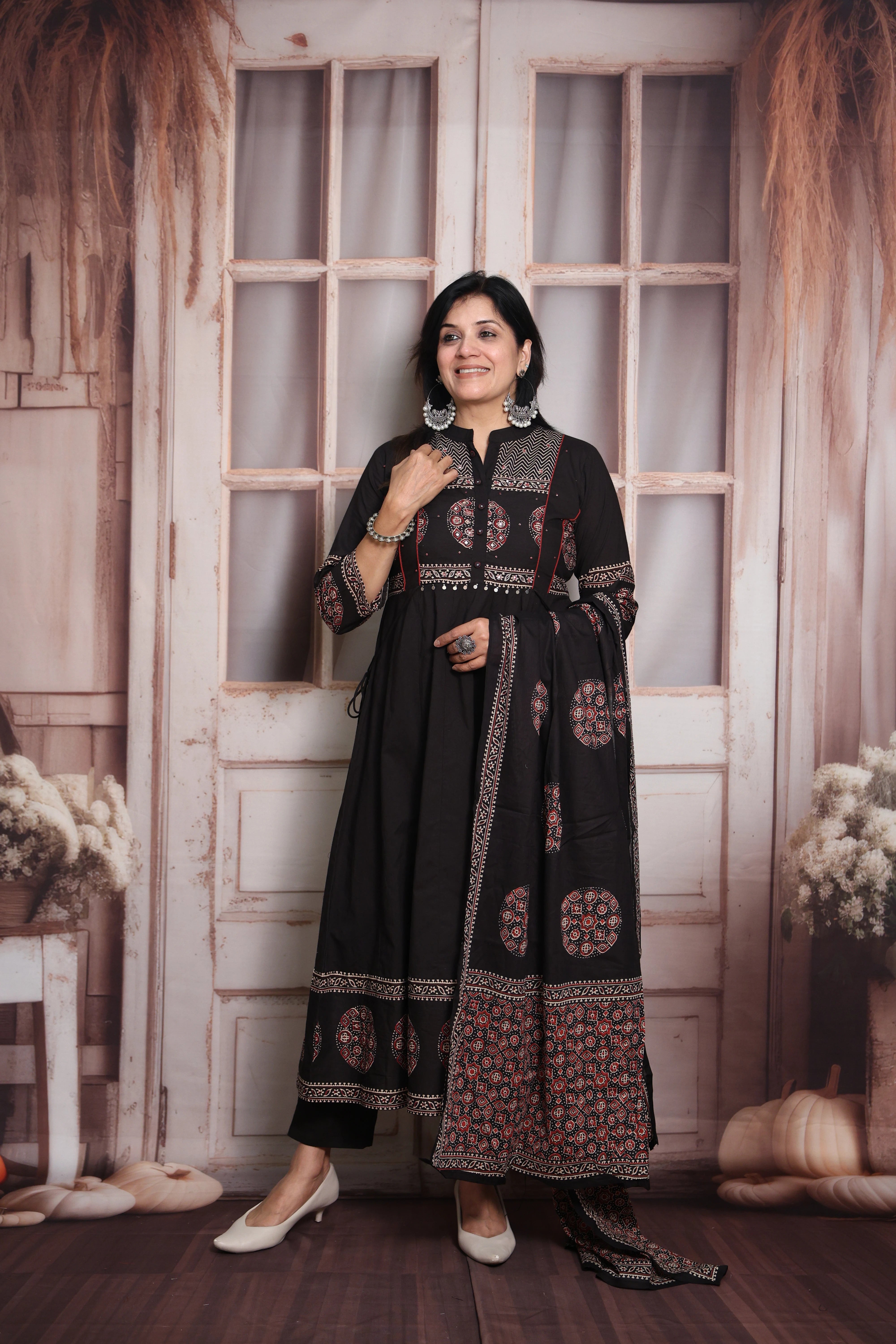 Black  Block Print Anarkali Dupatta Set | Soft Cotton | Pearl & Sequin Embroidery
