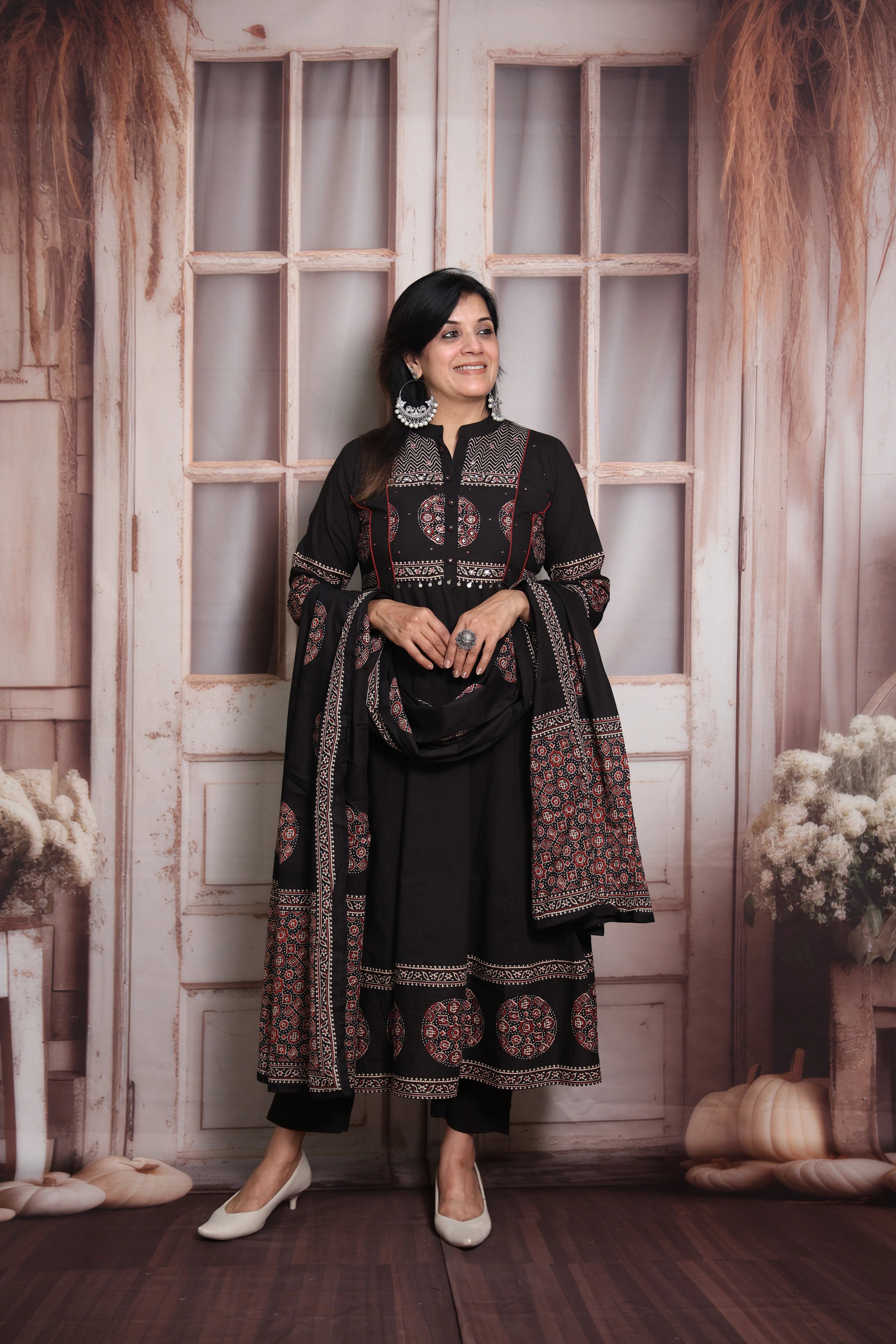 Black  Block Print Anarkali Dupatta Set | Soft Cotton | Pearl & Sequin Embroidery