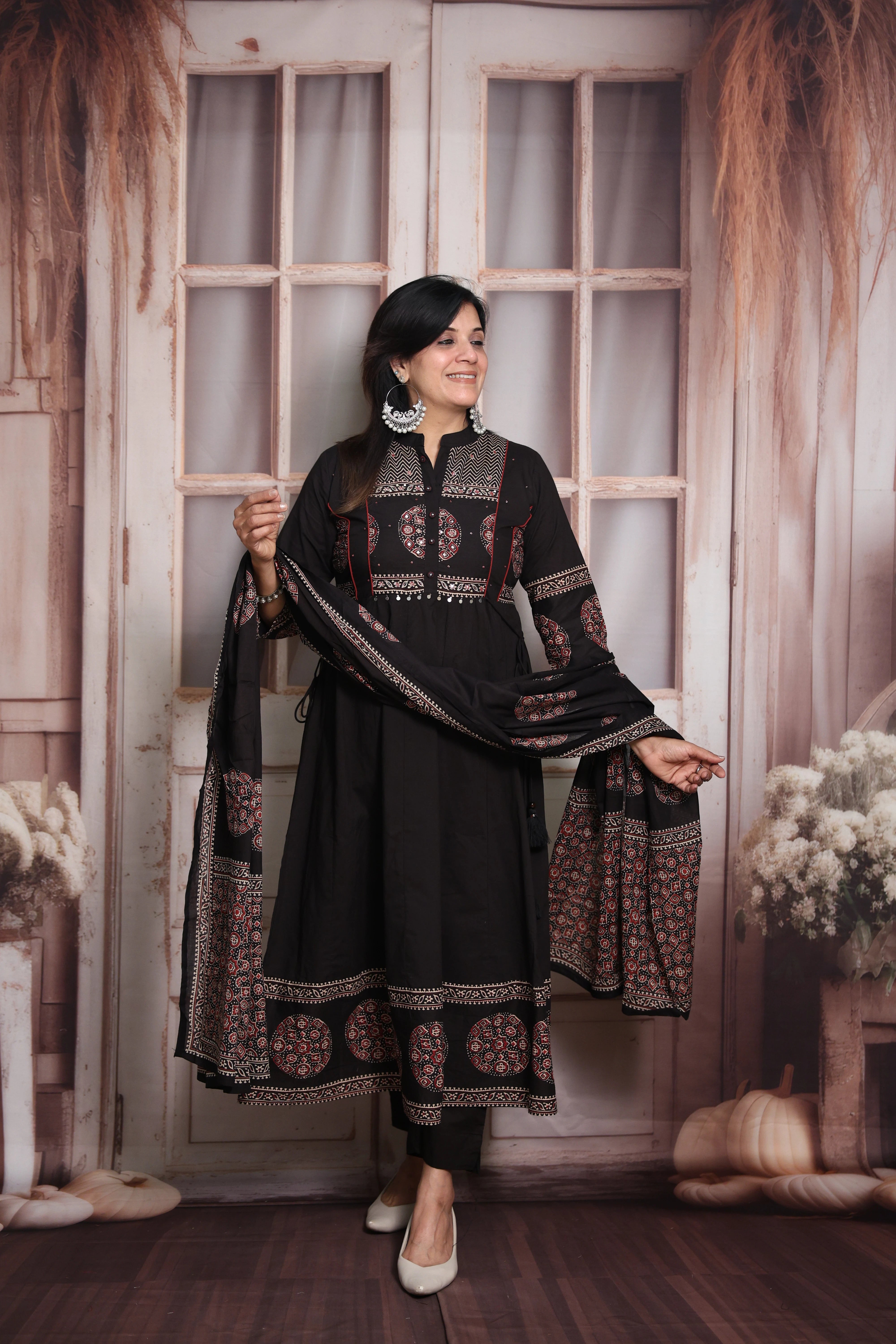 Black  Block Print Anarkali Dupatta Set | Soft Cotton | Pearl & Sequin Embroidery