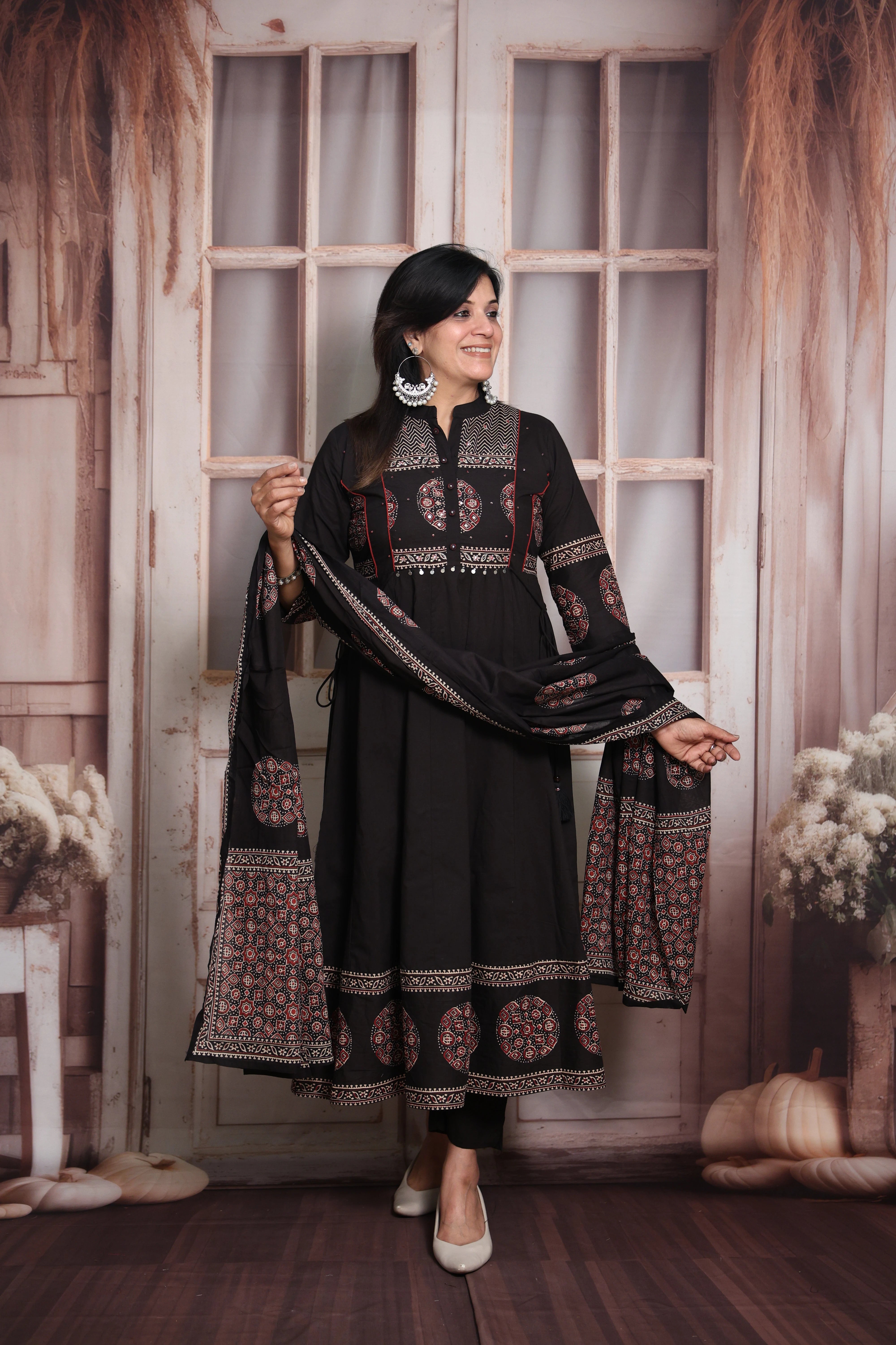 Black  Block Print Anarkali Dupatta Set | Soft Cotton | Pearl & Sequin Embroidery