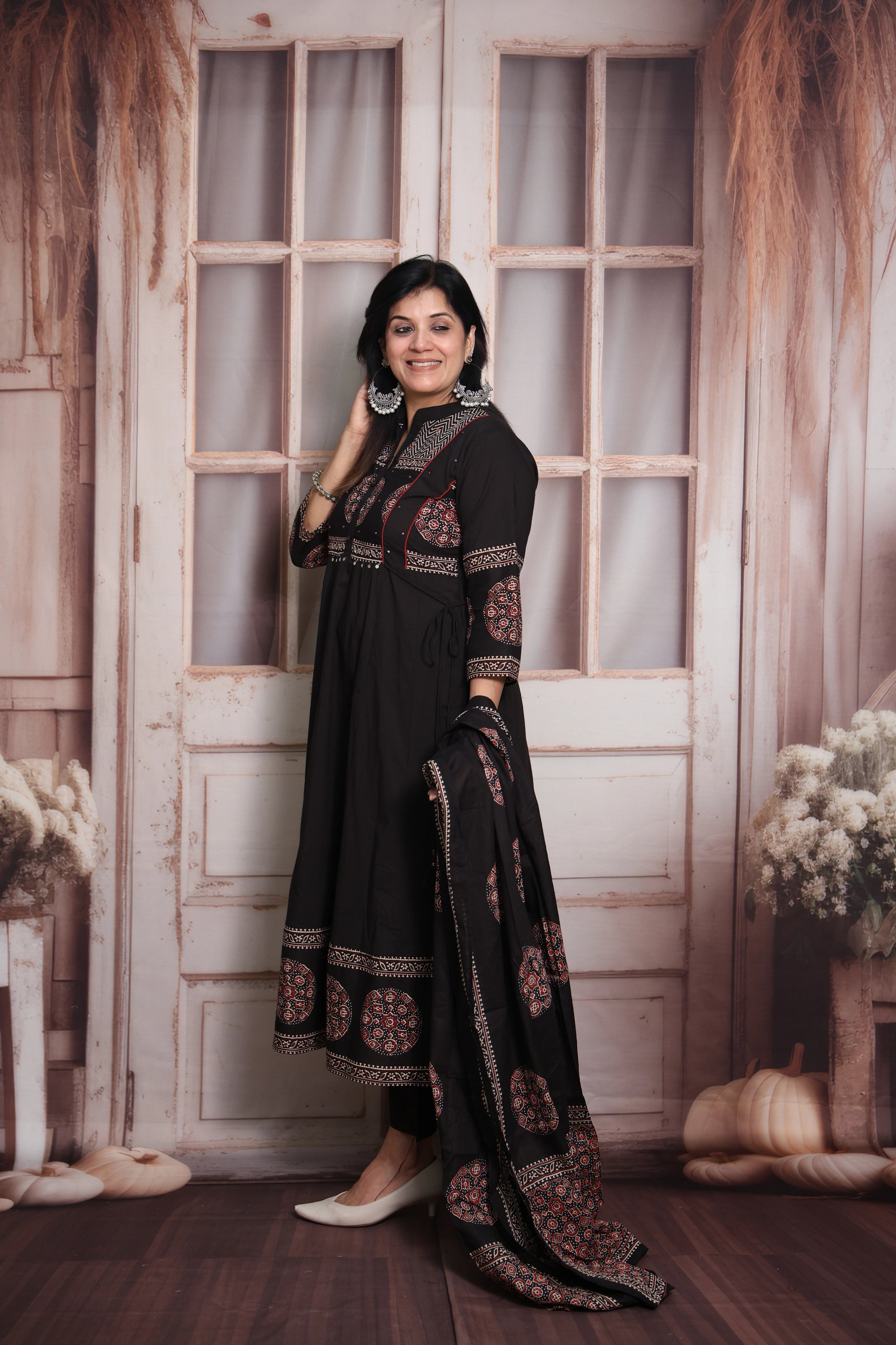 Black  Block Print Anarkali Dupatta Set | Soft Cotton | Pearl & Sequin Embroidery