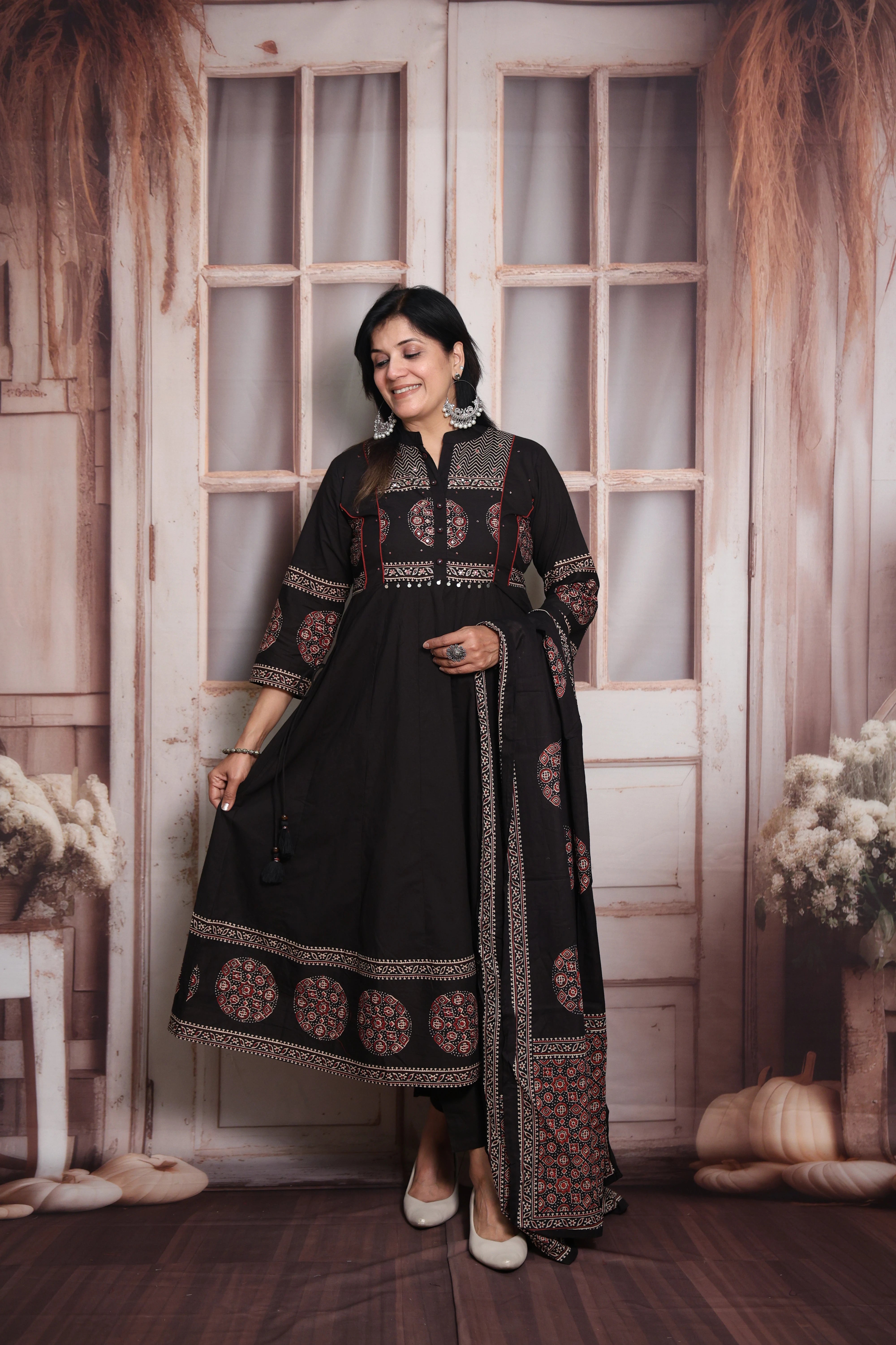 Black  Block Print Anarkali Dupatta Set | Soft Cotton | Pearl & Sequin Embroidery