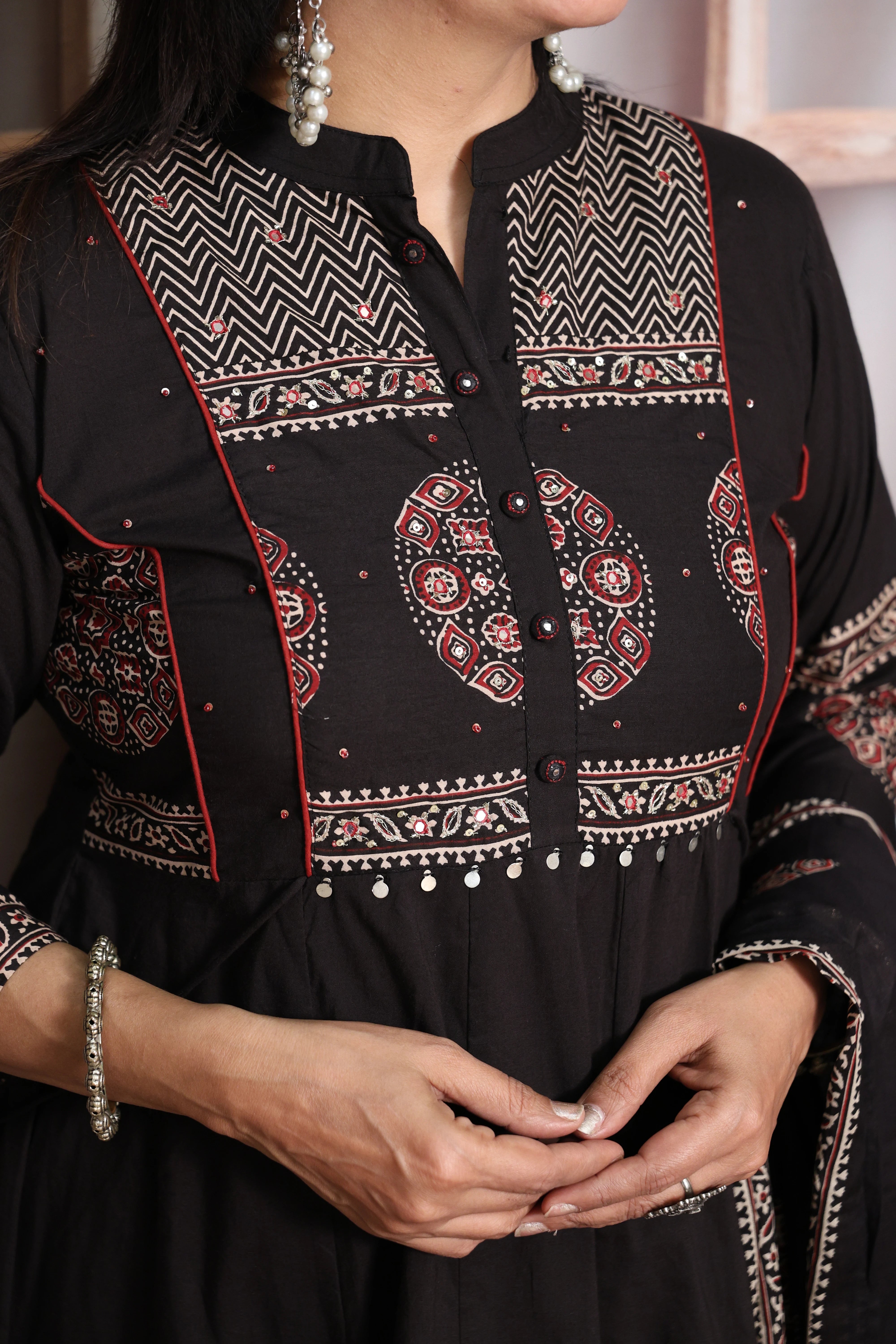 Black  Block Print Anarkali Dupatta Set | Soft Cotton | Pearl & Sequin Embroidery