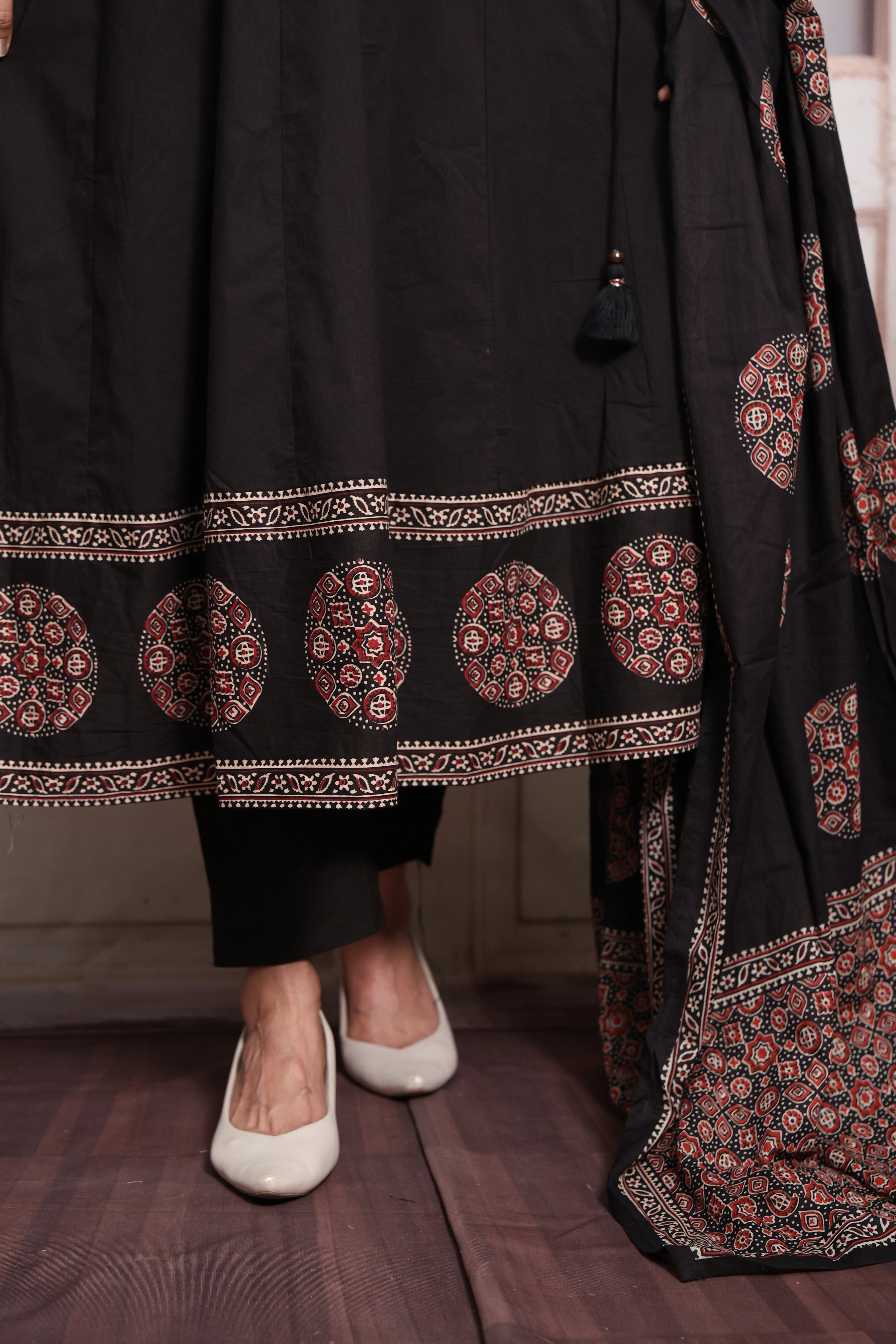 Black  Block Print Anarkali Dupatta Set | Soft Cotton | Pearl & Sequin Embroidery