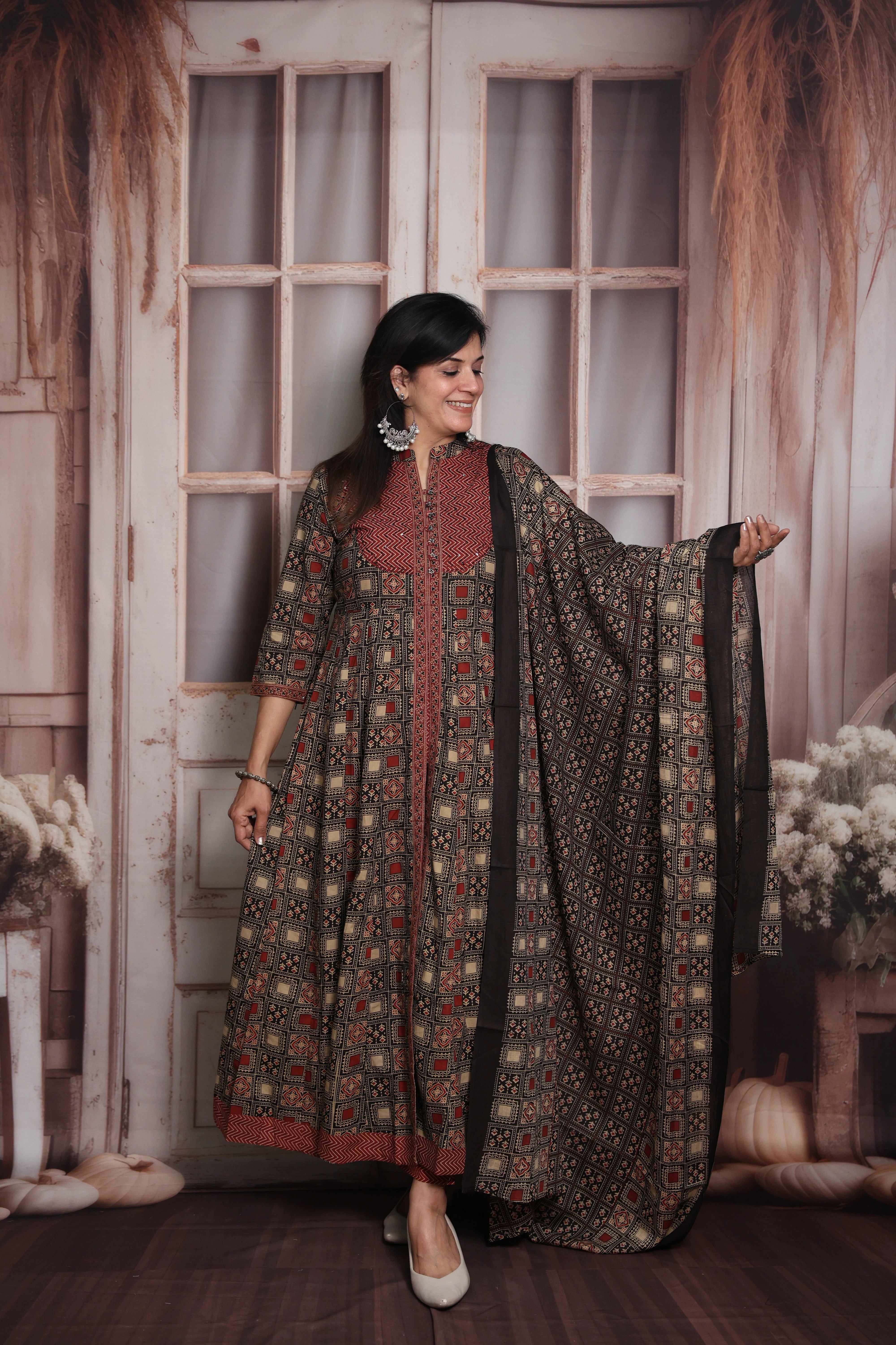 Maroon & Black Anarkali Dupatta Set | Soft Cotton | Ajrakh Print & Sequin Work