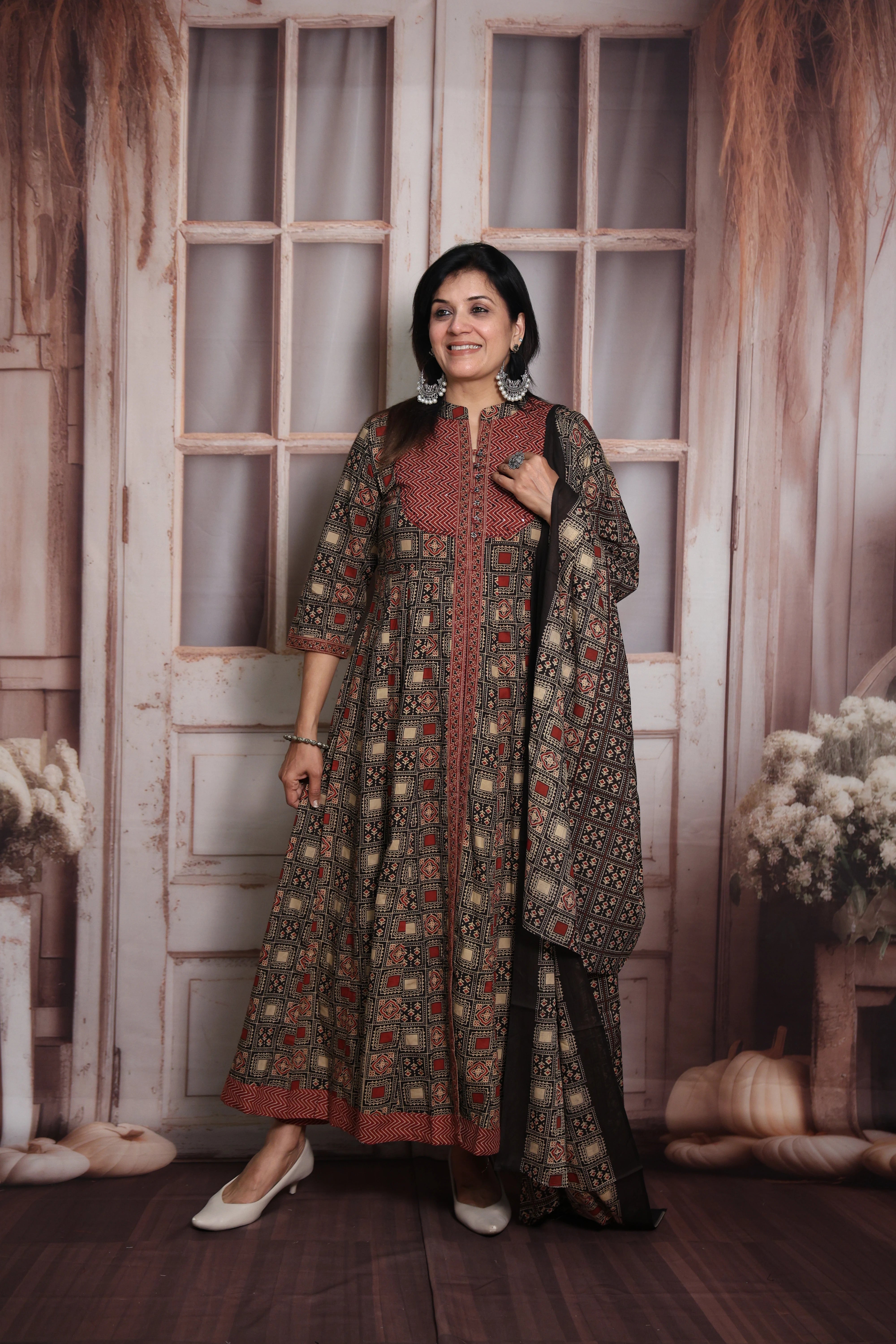 Maroon & Black Anarkali Dupatta Set | Soft Cotton | Ajrakh Print & Sequin Work