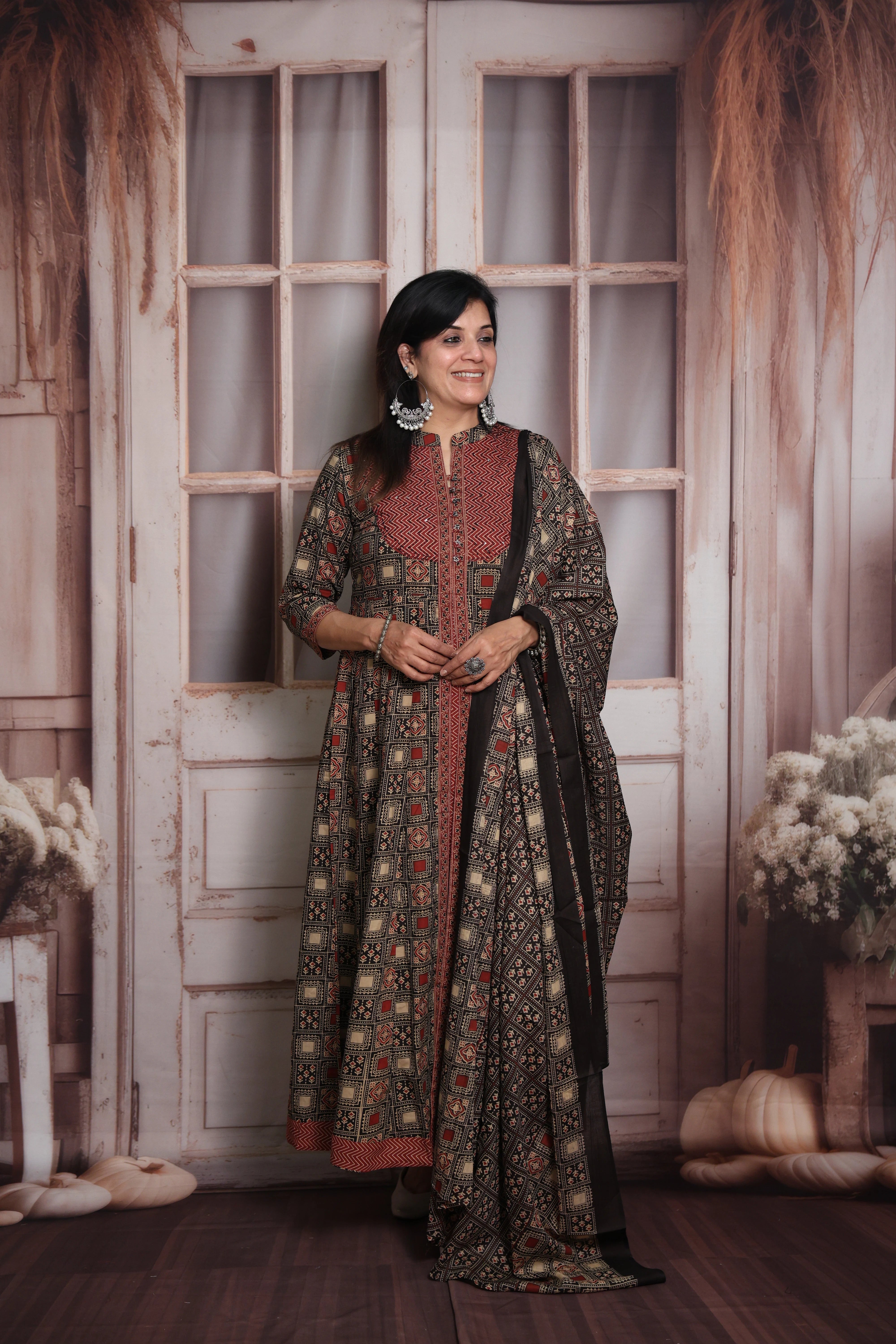 Maroon & Black Anarkali Dupatta Set | Soft Cotton | Ajrakh Print & Sequin Work