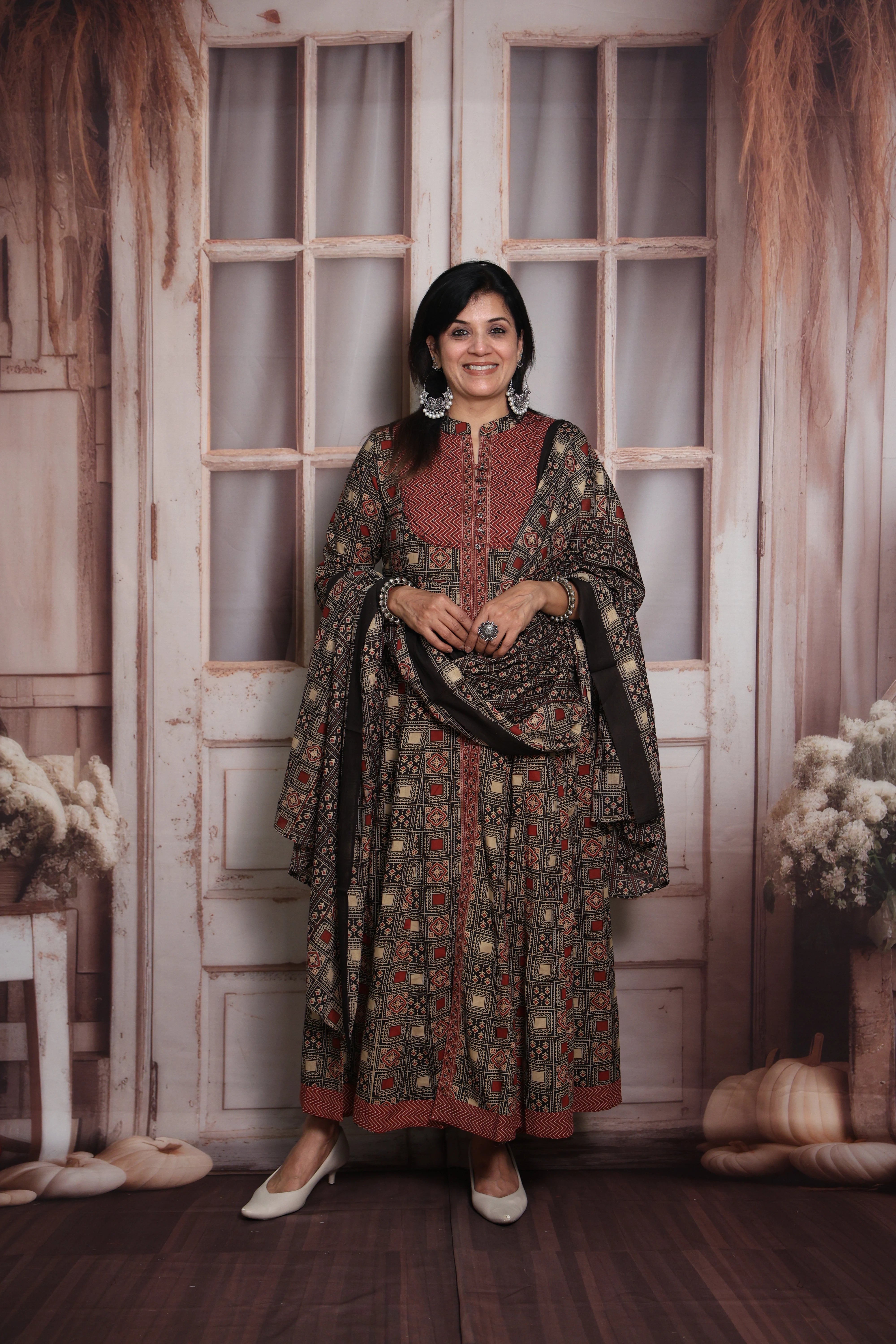 Maroon & Black Anarkali Dupatta Set | Soft Cotton | Ajrakh Print & Sequin Work