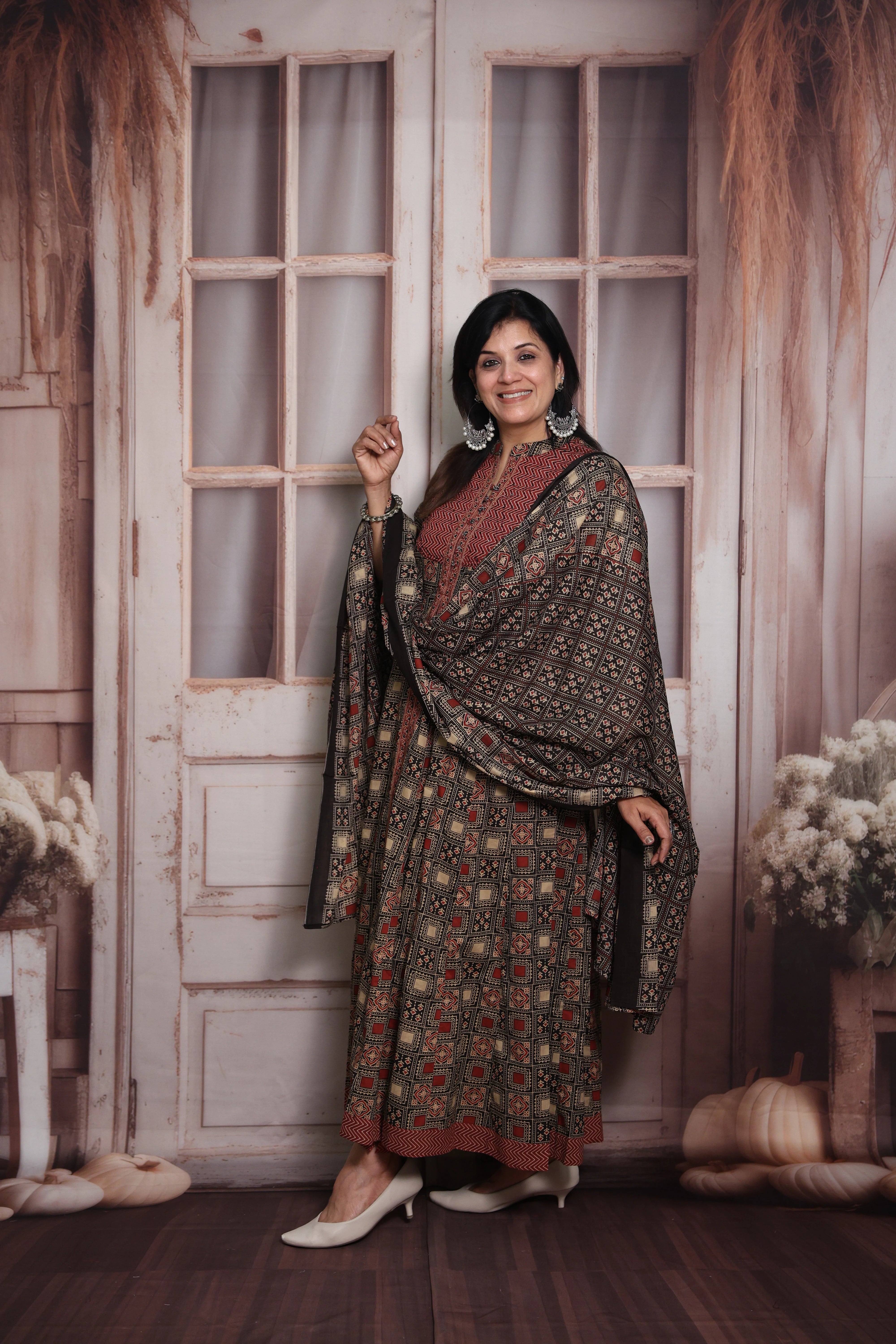 Maroon & Black Anarkali Dupatta Set | Soft Cotton | Ajrakh Print & Sequin Work