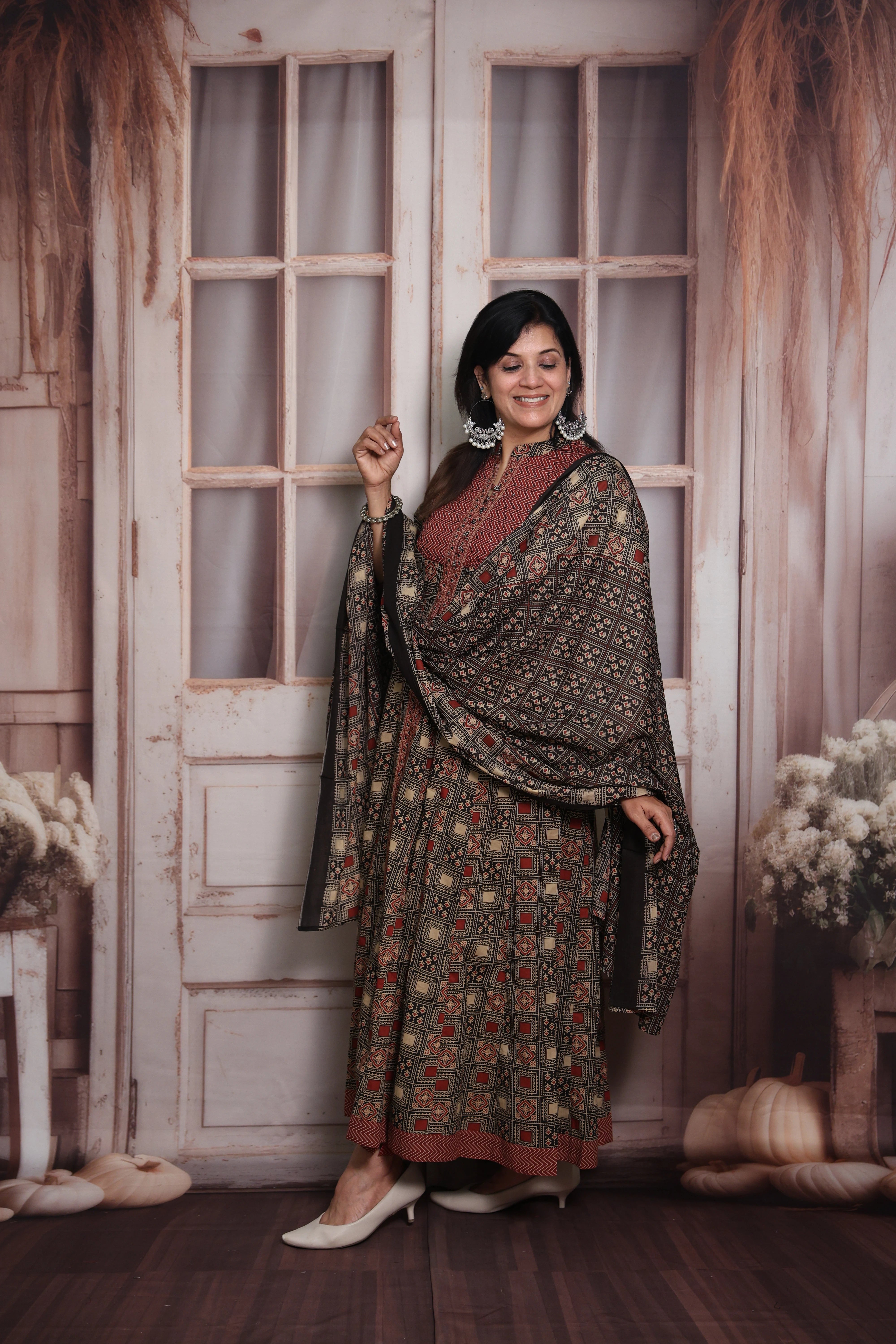 Maroon & Black Anarkali Dupatta Set | Soft Cotton | Ajrakh Print & Sequin Work