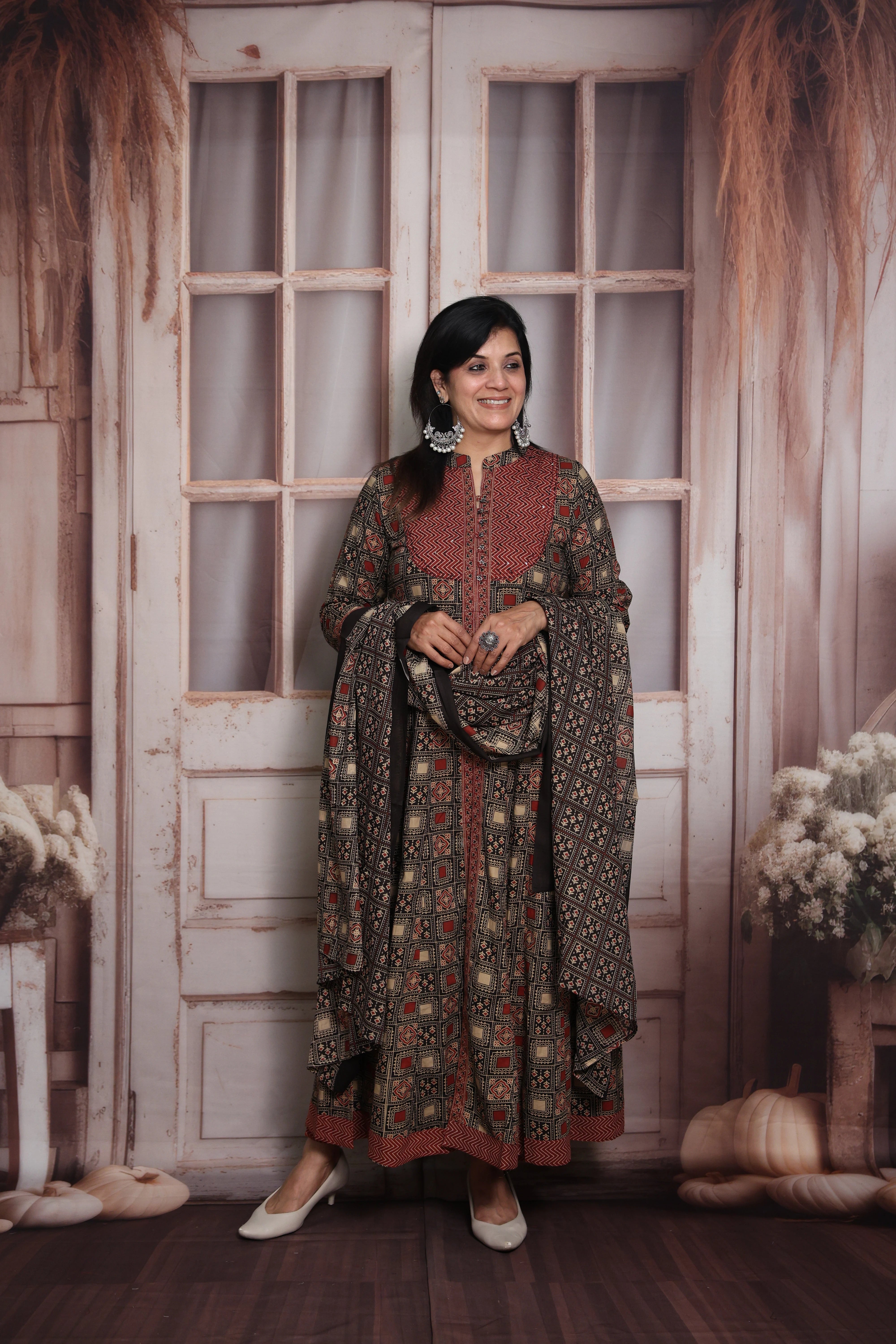 Maroon & Black Anarkali Dupatta Set | Soft Cotton | Ajrakh Print & Sequin Work