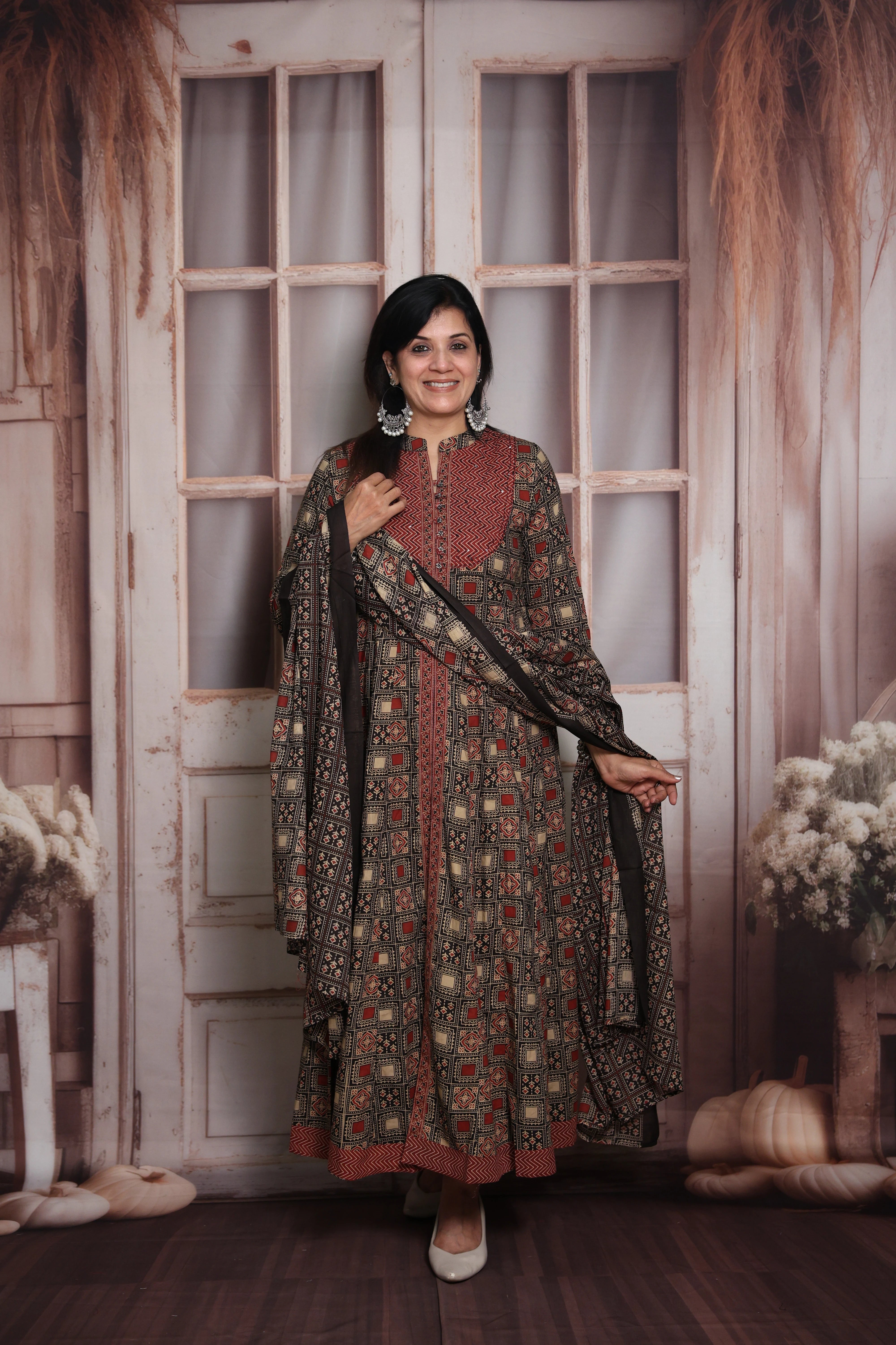 Maroon & Black Anarkali Dupatta Set | Soft Cotton | Ajrakh Print & Sequin Work