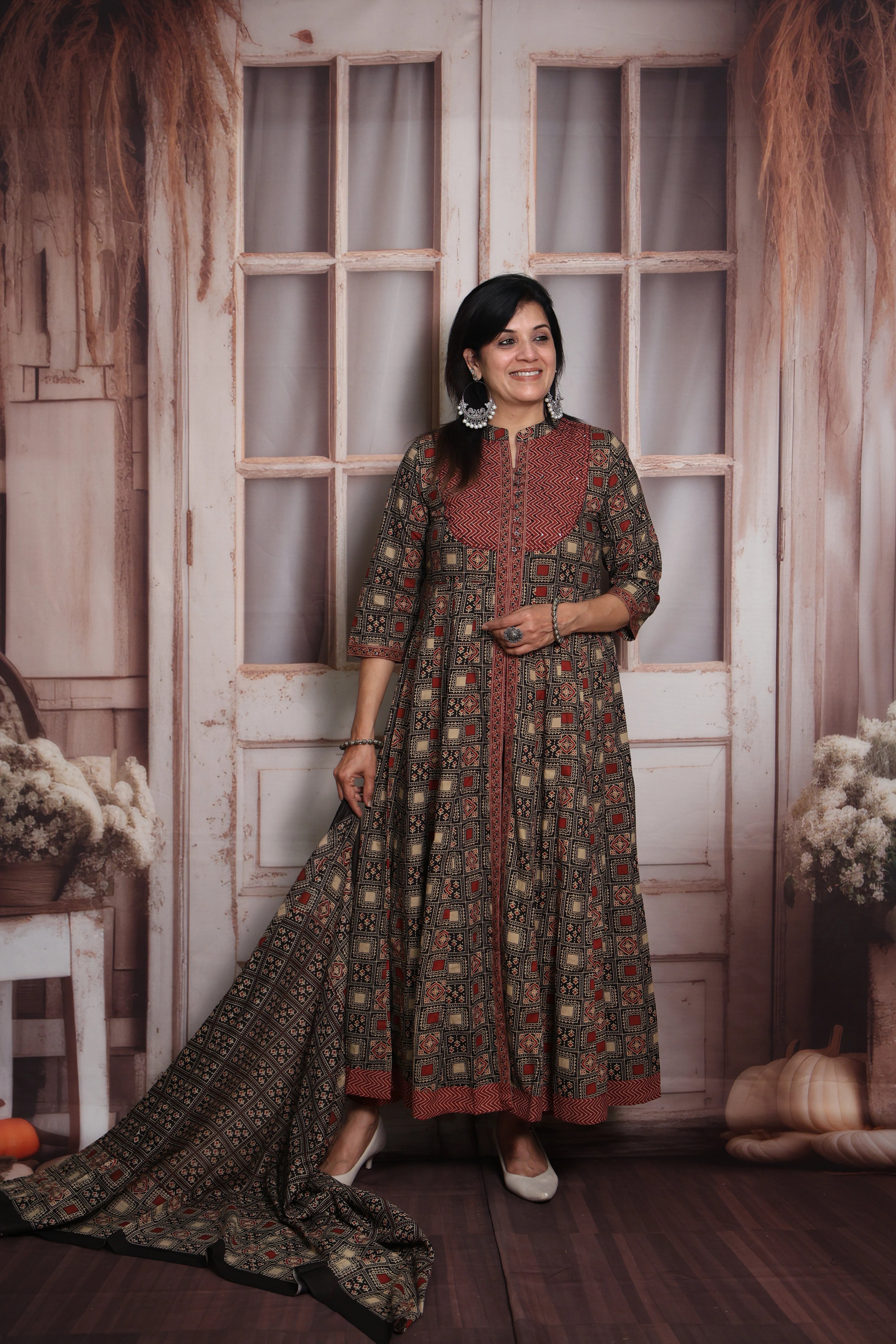 Maroon & Black Anarkali Dupatta Set | Soft Cotton | Ajrakh Print & Sequin Work
