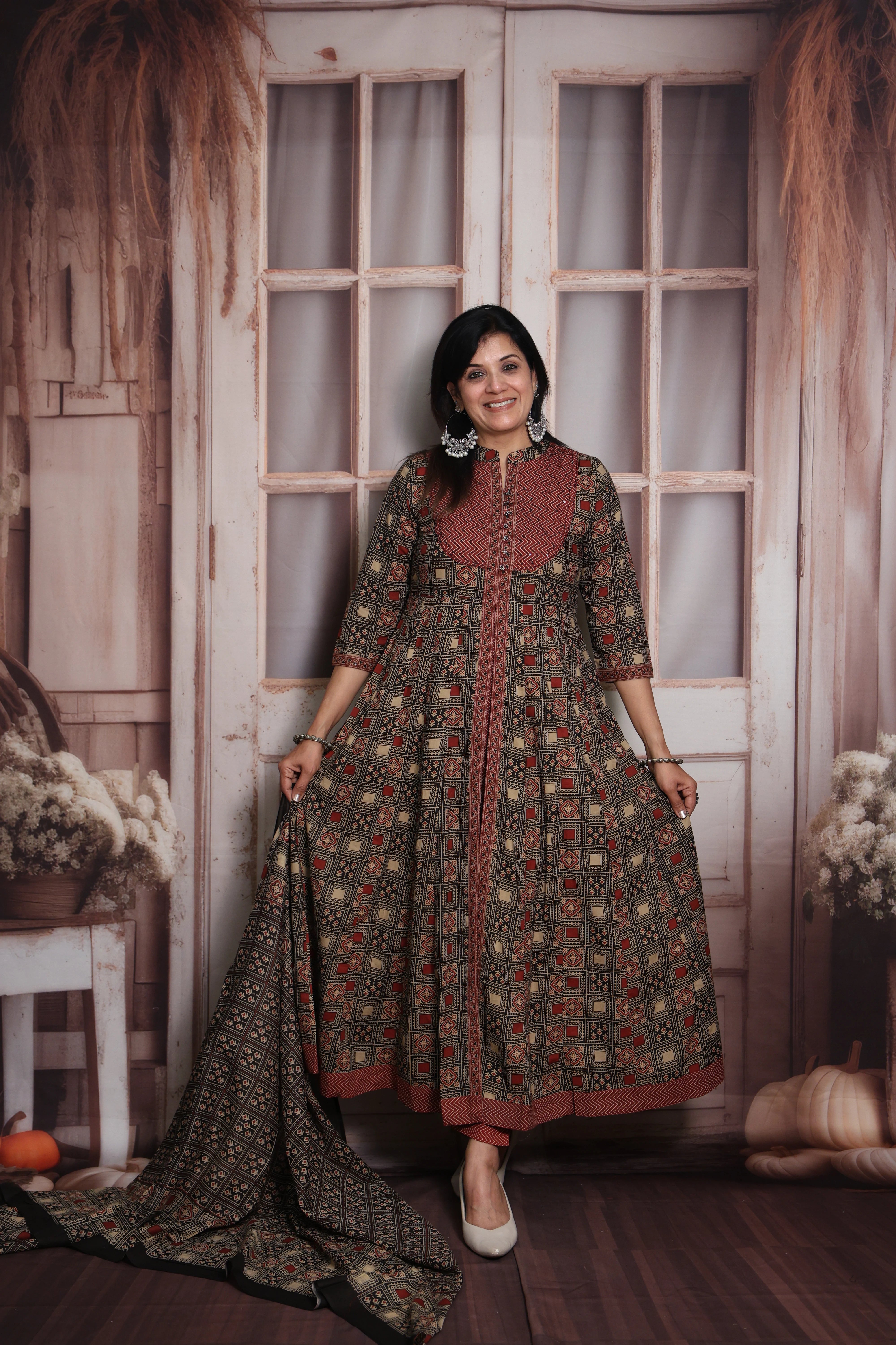 Maroon & Black Anarkali Dupatta Set | Soft Cotton | Ajrakh Print & Sequin Work