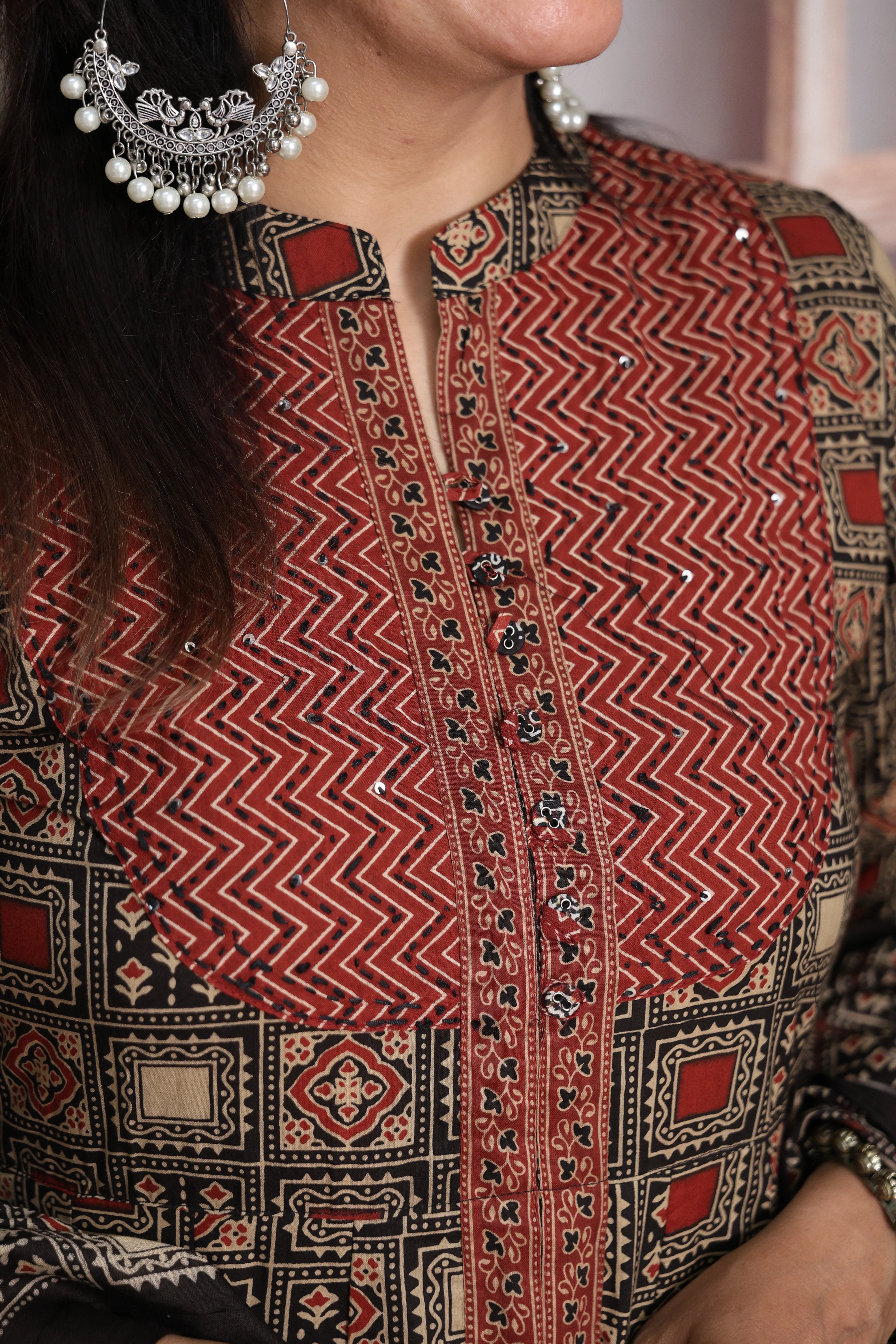 Maroon & Black Anarkali Dupatta Set | Soft Cotton | Ajrakh Print & Sequin Work