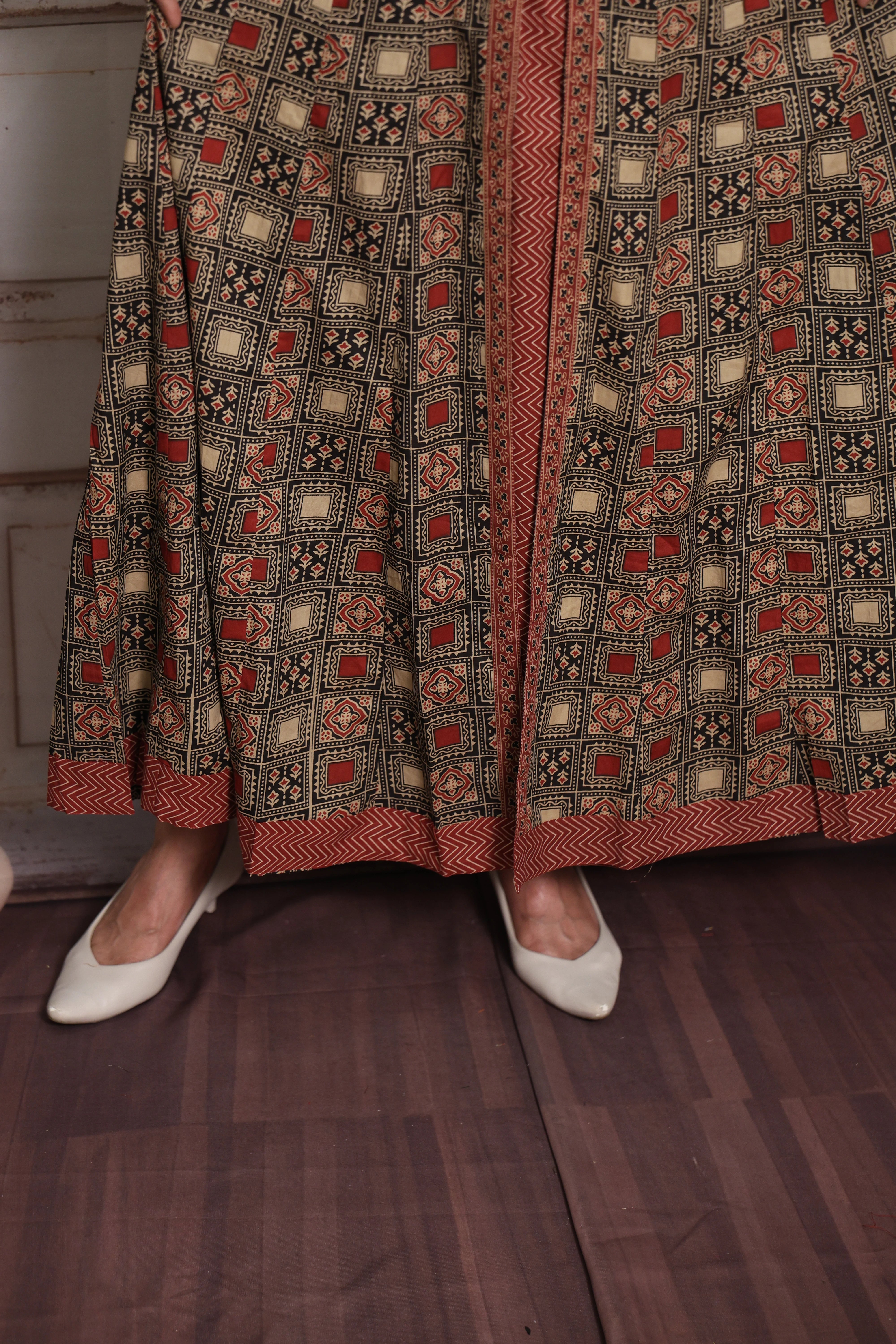 Maroon & Black Anarkali Dupatta Set | Soft Cotton | Ajrakh Print & Sequin Work
