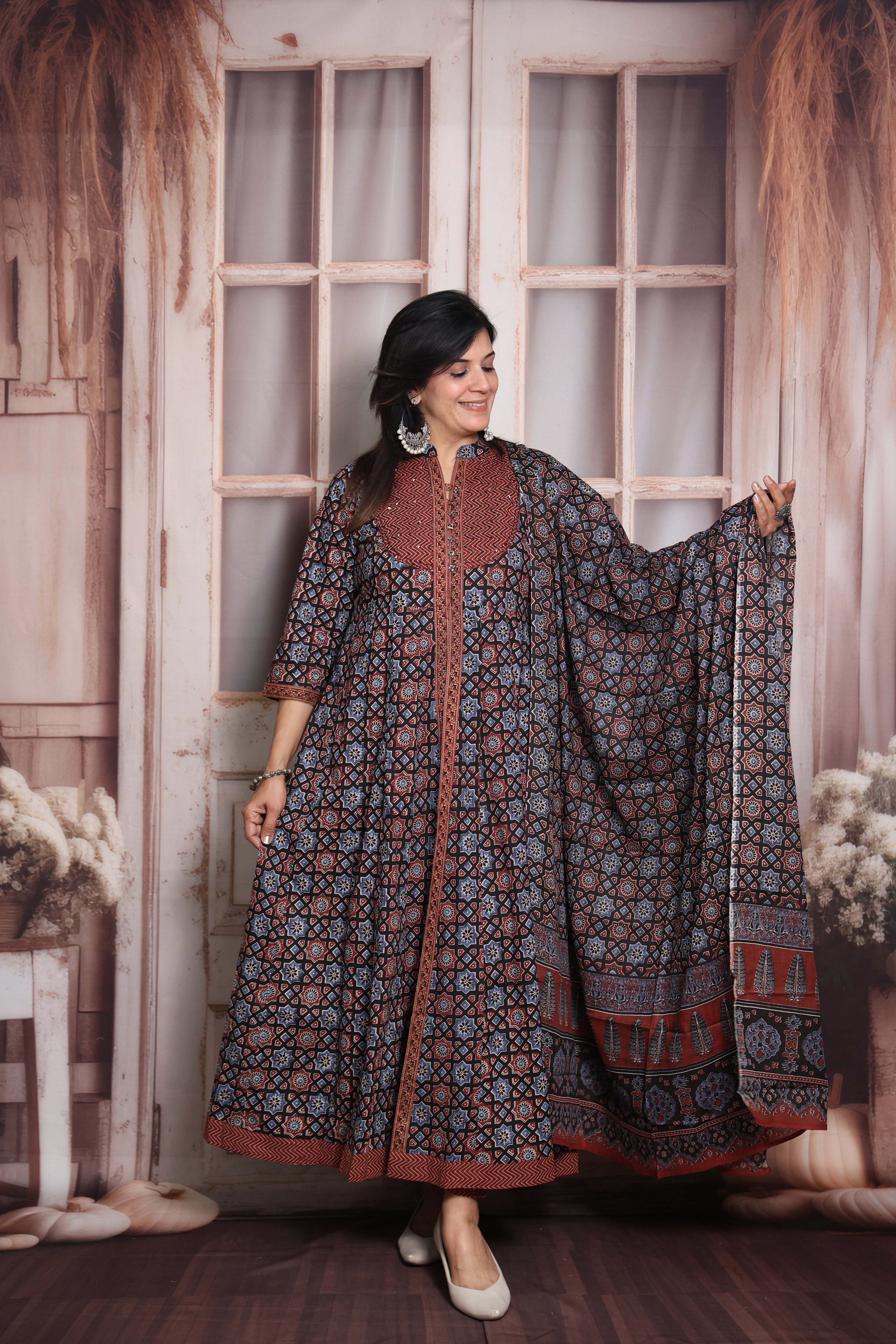 Maroon & Blue Anarkali Dupatta Set | Soft Cotton | Ajrakh Print & Sequin Work