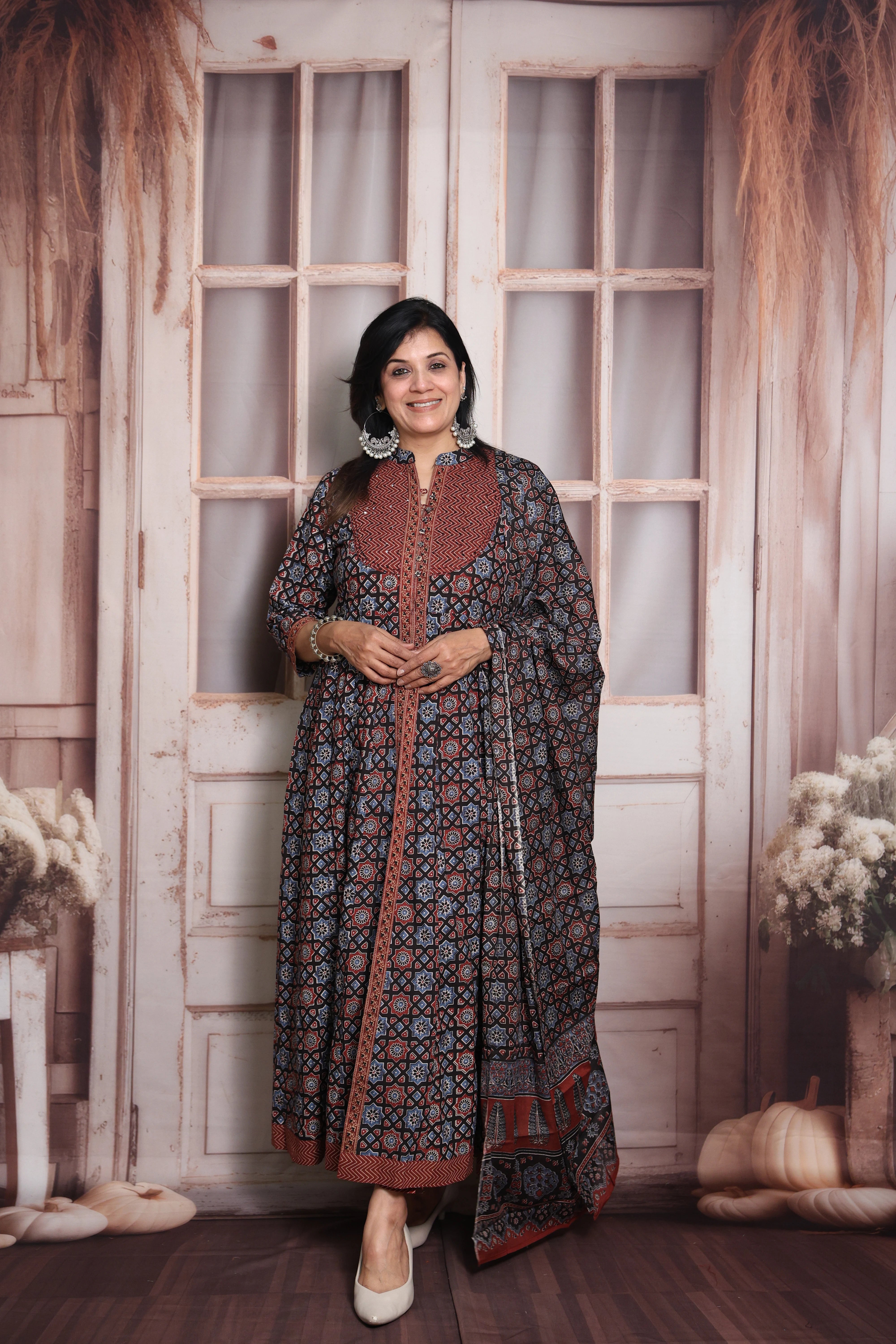 Maroon & Blue Anarkali Dupatta Set | Soft Cotton | Ajrakh Print & Sequin Work
