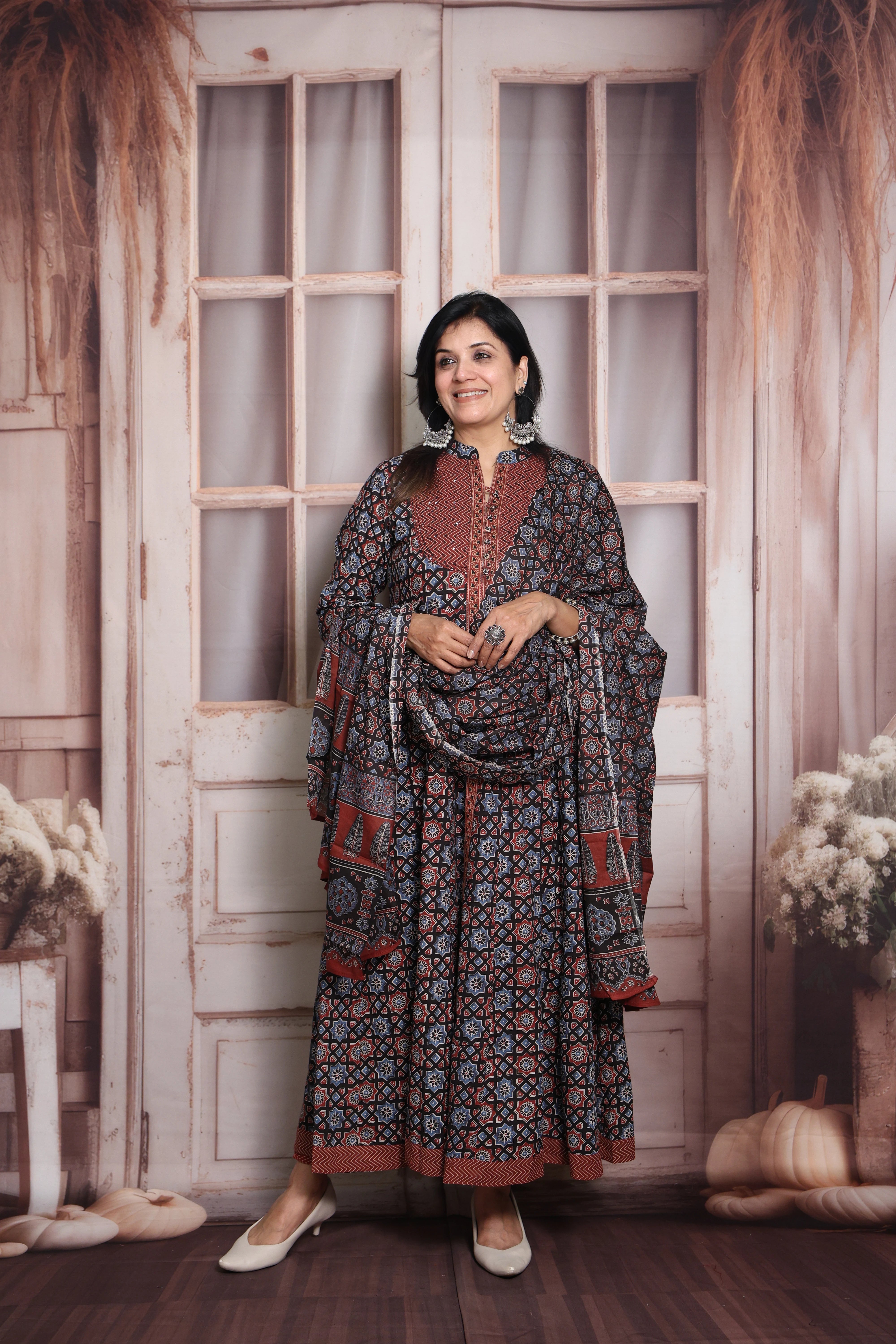 Maroon & Blue Anarkali Dupatta Set | Soft Cotton | Ajrakh Print & Sequin Work