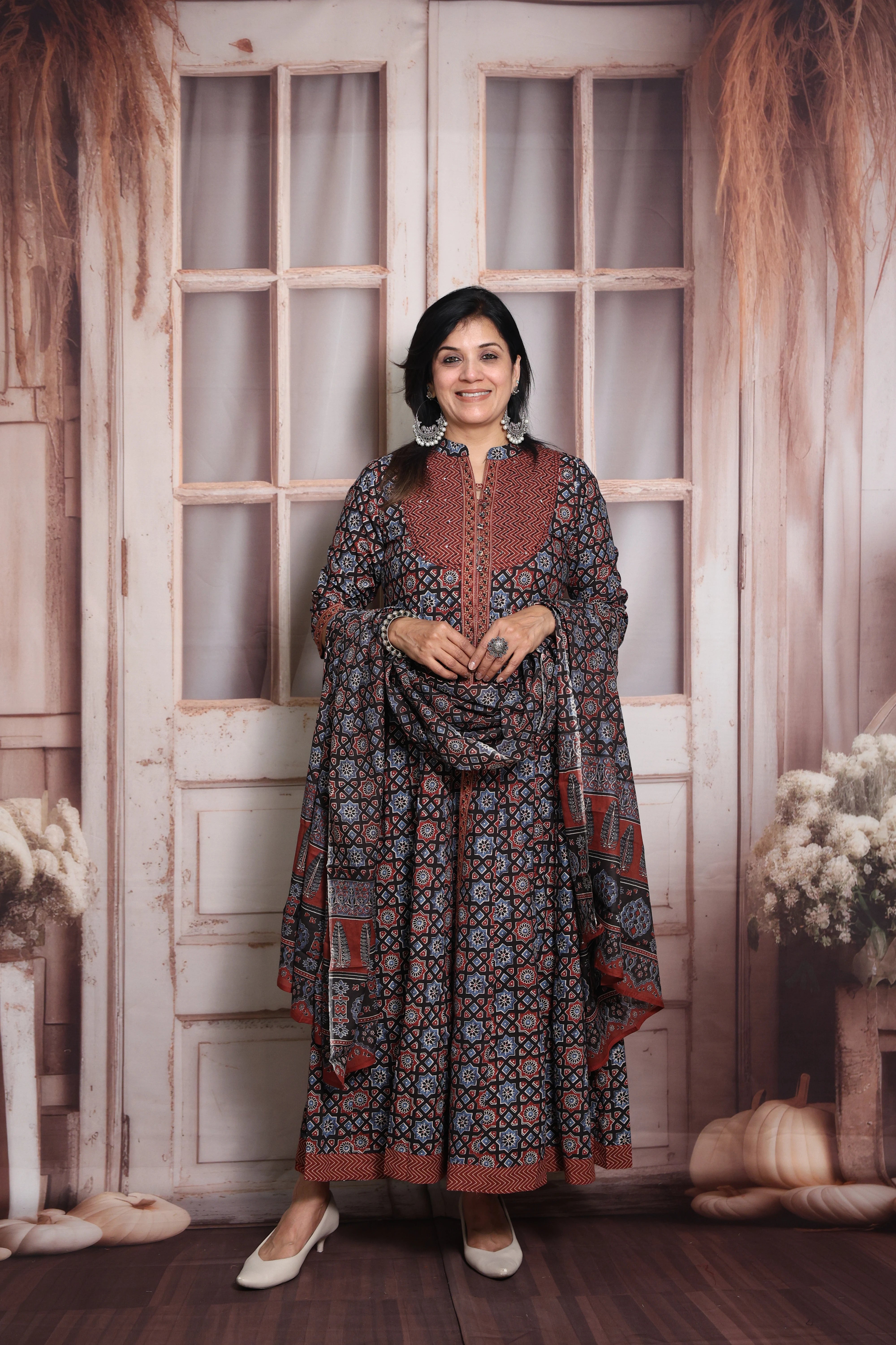 Maroon & Blue Anarkali Dupatta Set | Soft Cotton | Ajrakh Print & Sequin Work