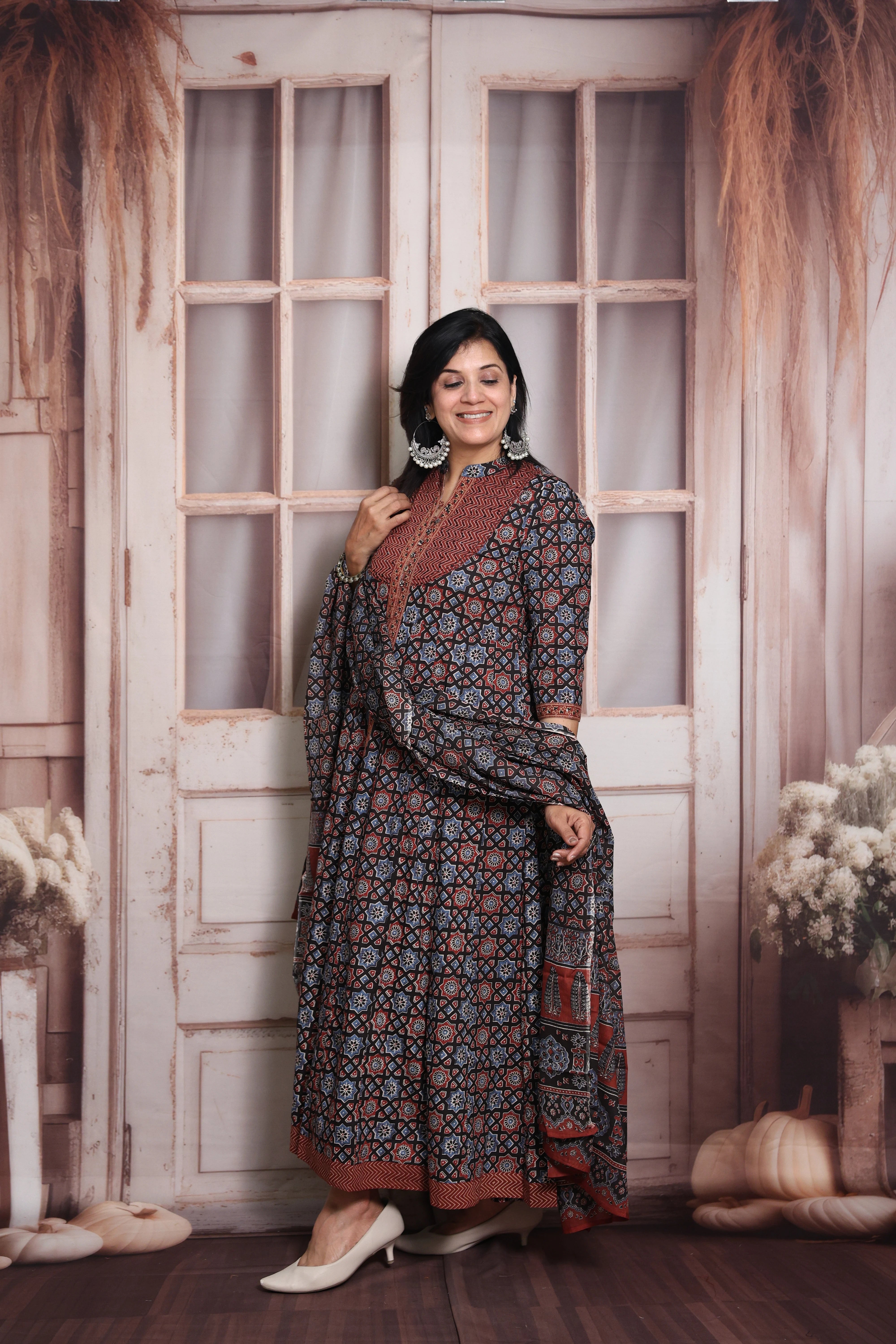 Maroon & Blue Anarkali Dupatta Set | Soft Cotton | Ajrakh Print & Sequin Work