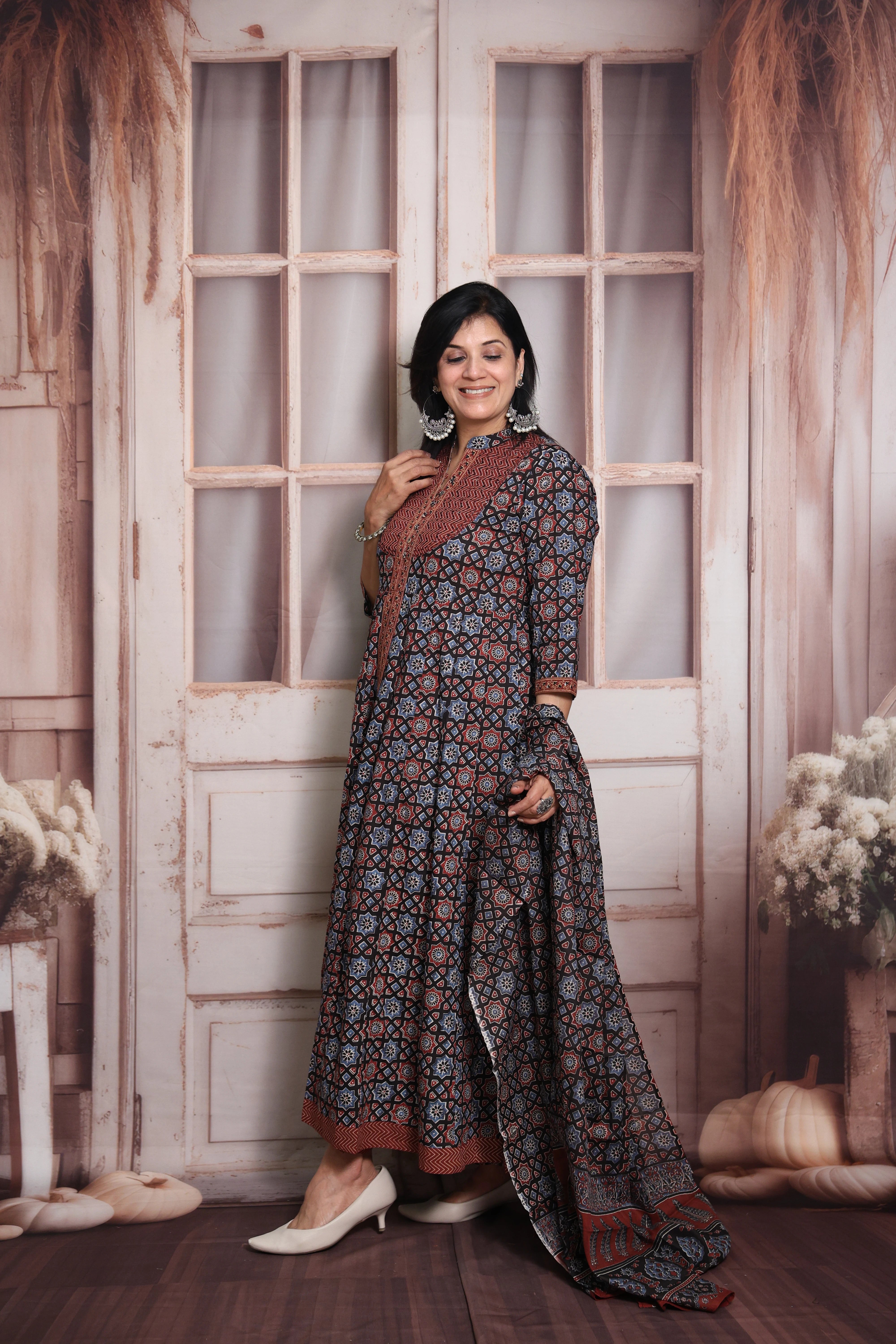 Maroon & Blue Anarkali Dupatta Set | Soft Cotton | Ajrakh Print & Sequin Work