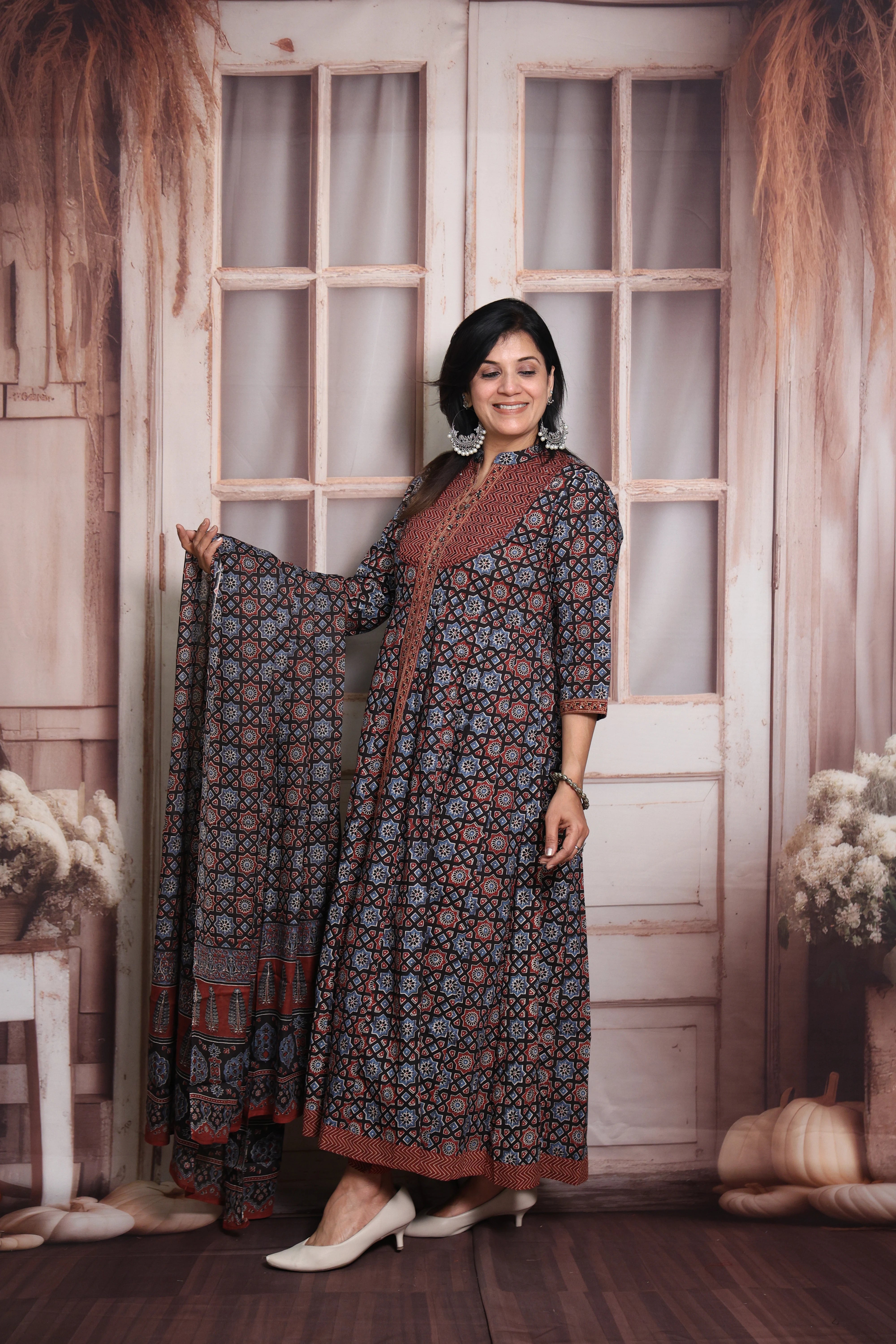 Maroon & Blue Anarkali Dupatta Set | Soft Cotton | Ajrakh Print & Sequin Work
