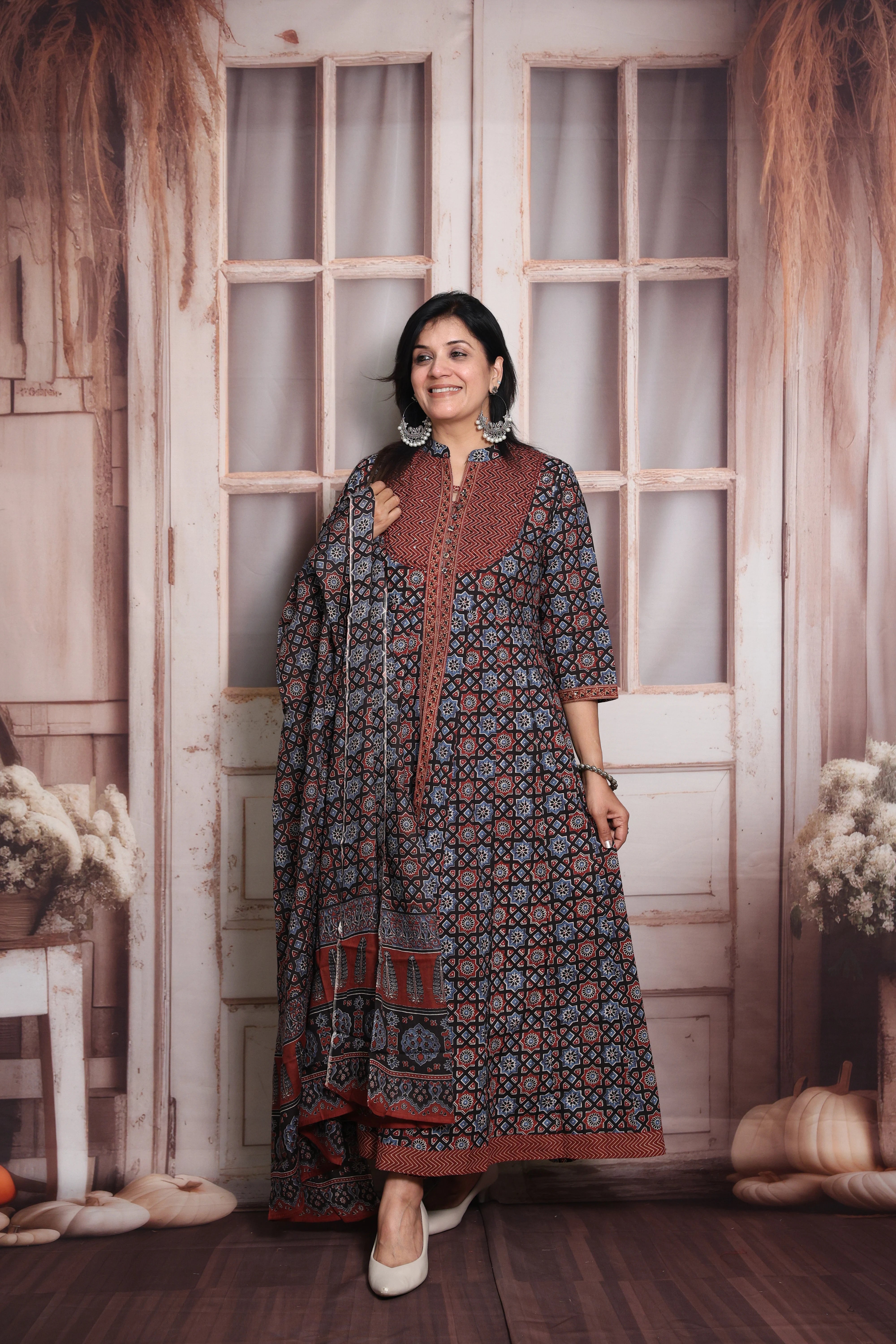 Maroon & Blue Anarkali Dupatta Set | Soft Cotton | Ajrakh Print & Sequin Work