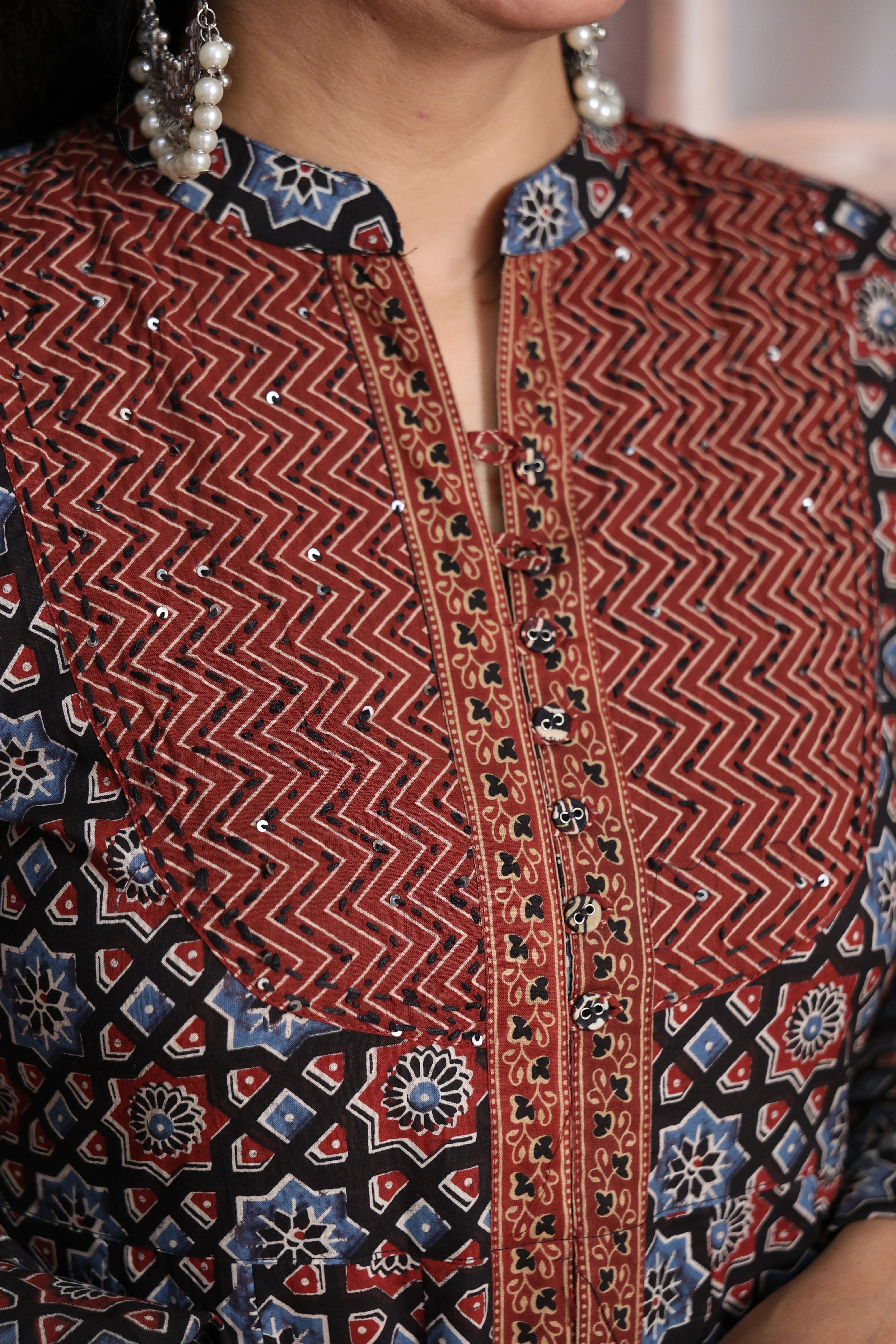 Maroon & Blue Anarkali Dupatta Set | Soft Cotton | Ajrakh Print & Sequin Work