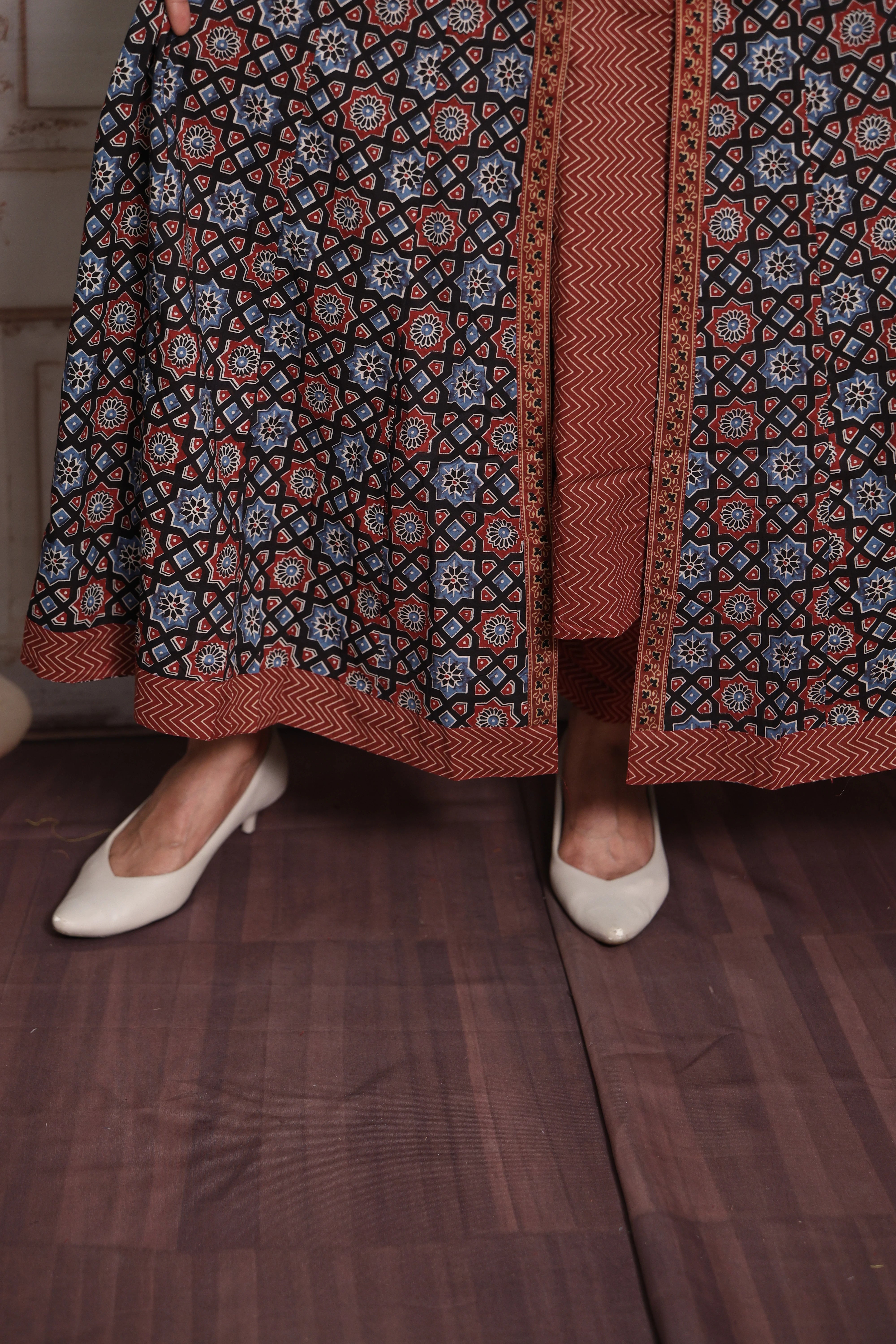 Maroon & Blue Anarkali Dupatta Set | Soft Cotton | Ajrakh Print & Sequin Work