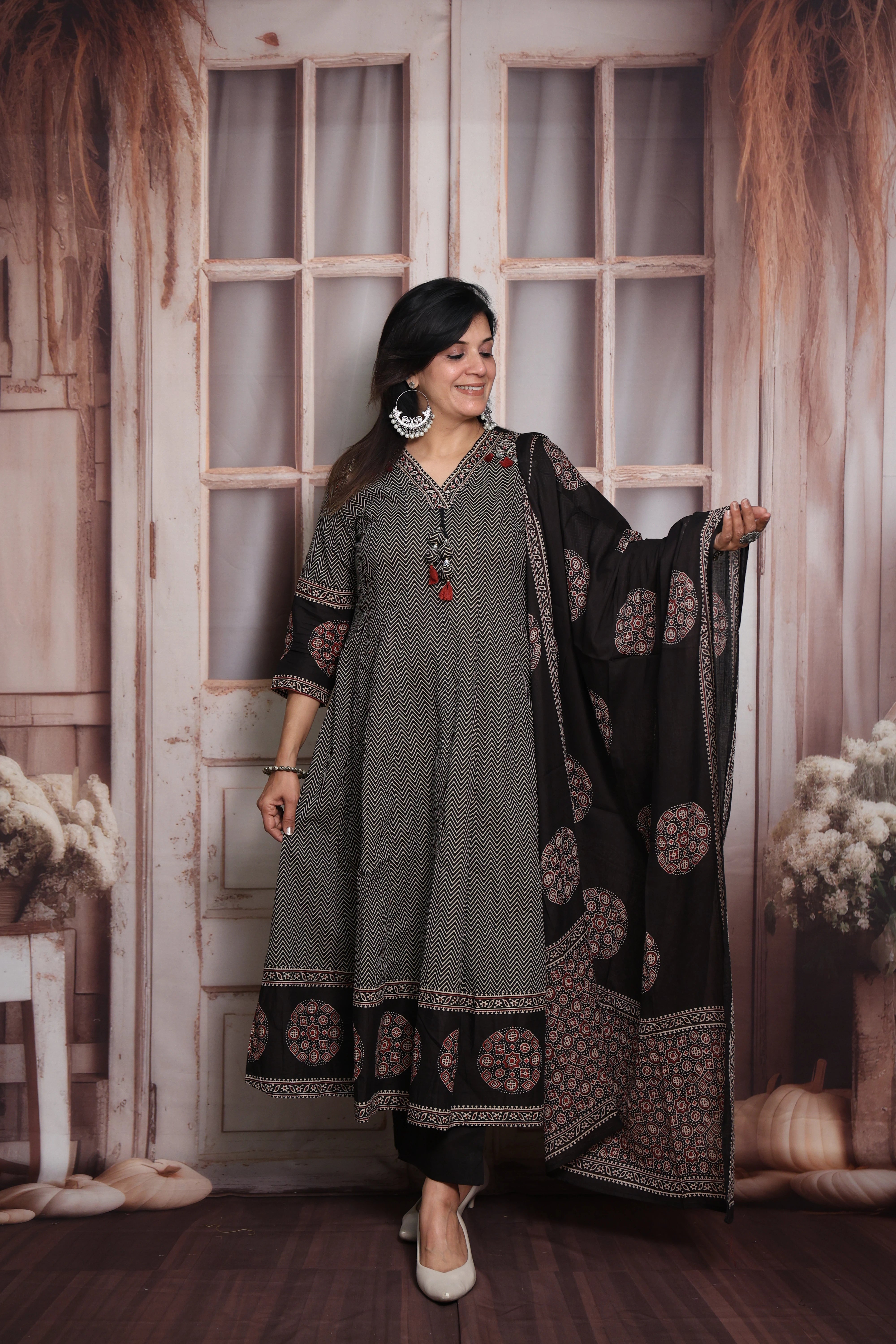 Black Zigzag Print Anarkali Dupatta Set | Soft Cotton | Pearl Embroidery & Block Print